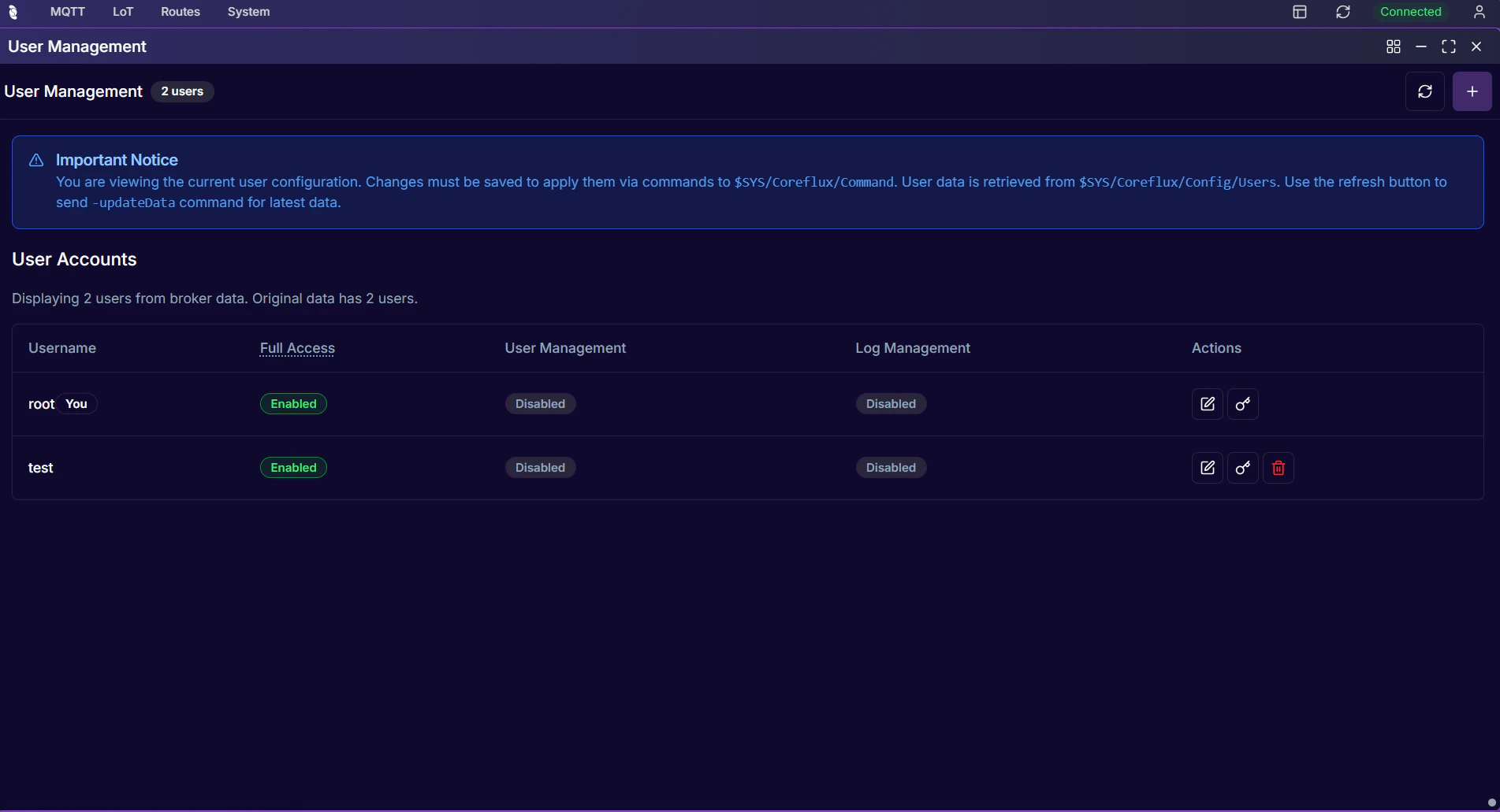 Coreflux HUB User Management showing 2 users (root and test) with System Config, Asset Management, User Management, and Log Management permission toggles, and edit, key, and delete action icons