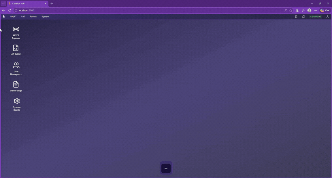 Coreflux HUB MQTT Explorer showing the topic tree and a selected message payload