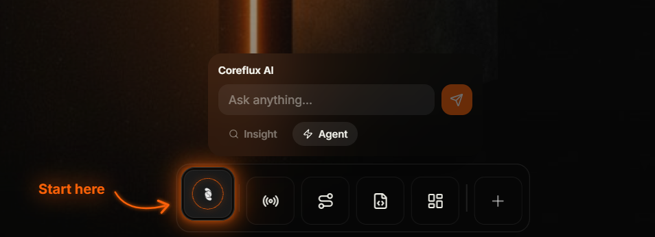 Coreflux HUB dock with the Coreflux icon highlighted and a compact Coreflux AI popover showing Ask anything placeholder and Insight and Agent toggles
