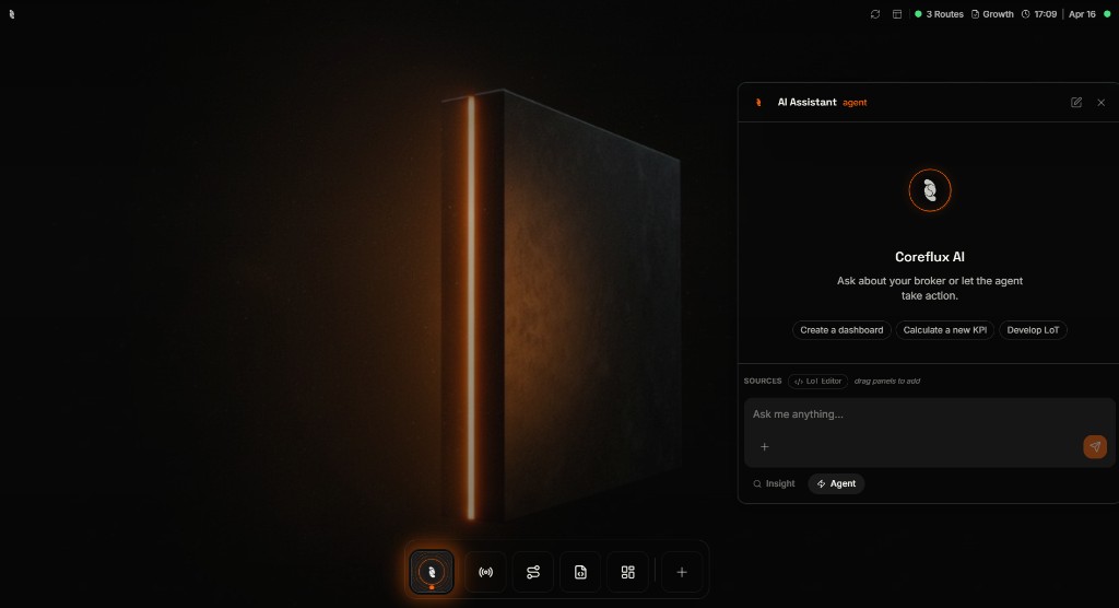 Coreflux HUB with the full AI Assistant panel open showing suggested actions, Sources with LoT Editor, and Ask me anything input