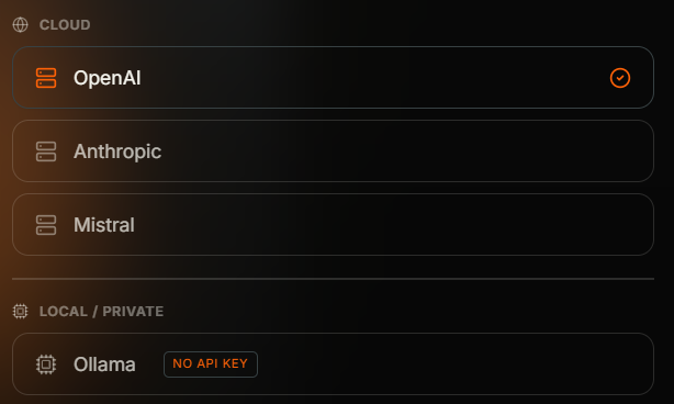 AI Setup provider list grouped into Cloud (OpenAI selected, Anthropic, Mistral) and Local/Private (Ollama with NO API KEY tag)