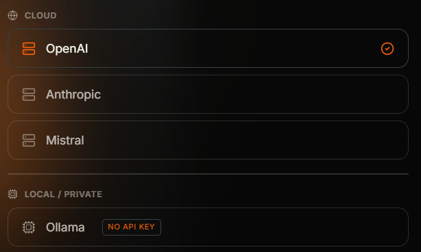 AI Setup provider list grouped into Cloud (OpenAI selected, Anthropic, Mistral) and Local/Private (Ollama with NO API KEY tag)