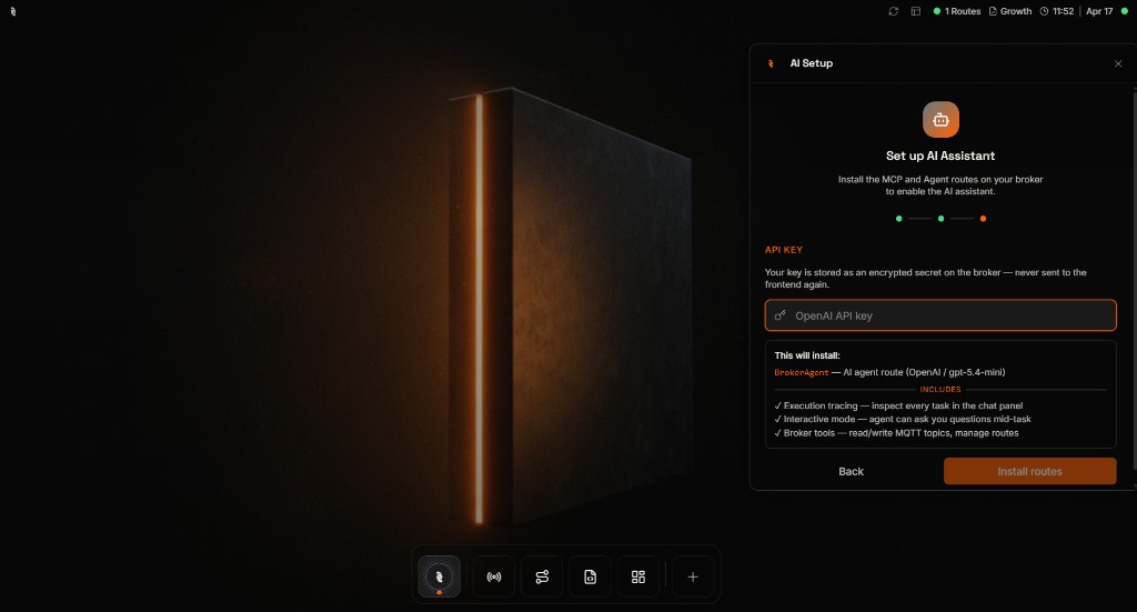 AI Setup wizard API key step with an OpenAI API key input, a note that the key is stored as an encrypted secret on the broker, and an install summary card