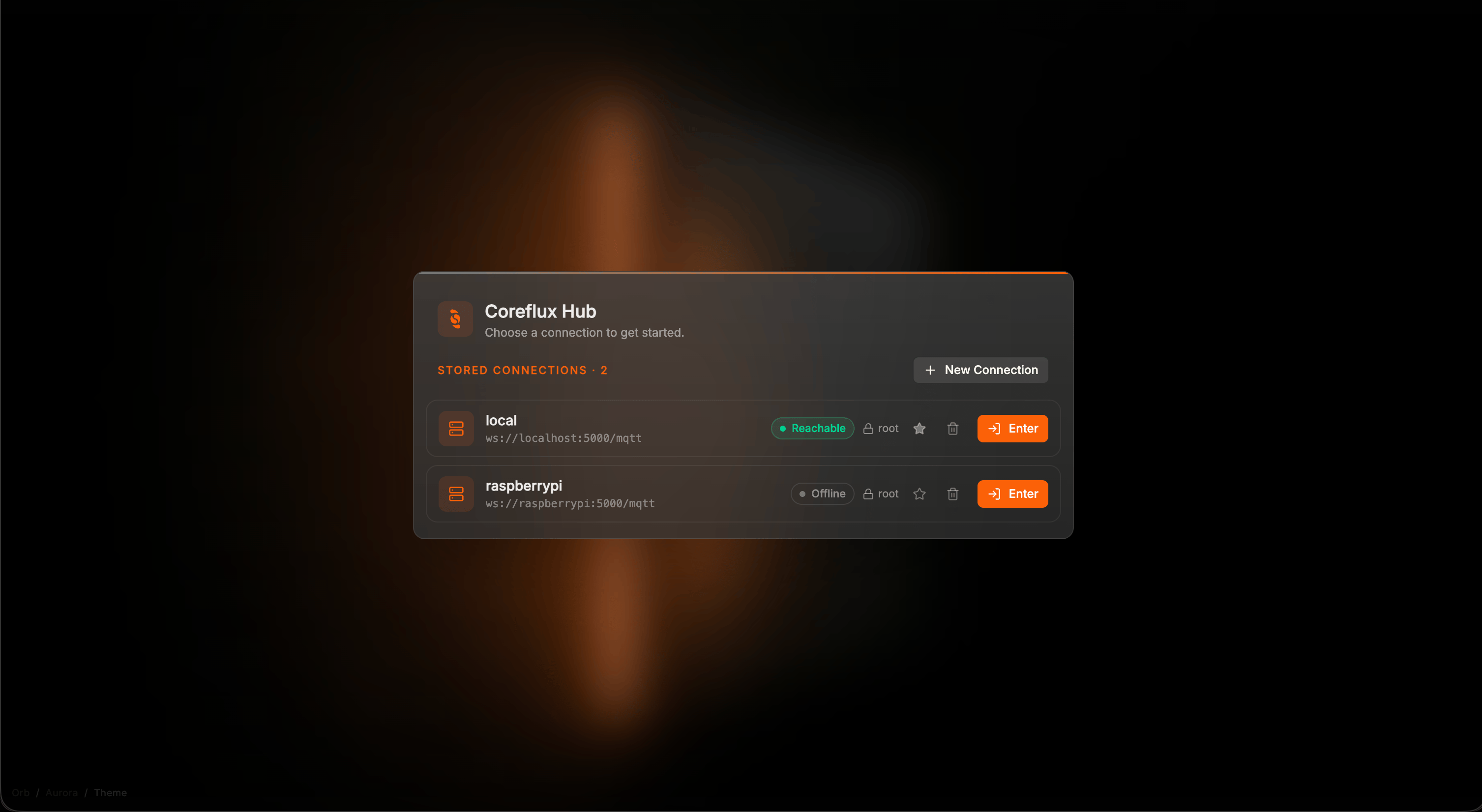 Coreflux HUB login screen with stored connections, Enter buttons, and New Connection