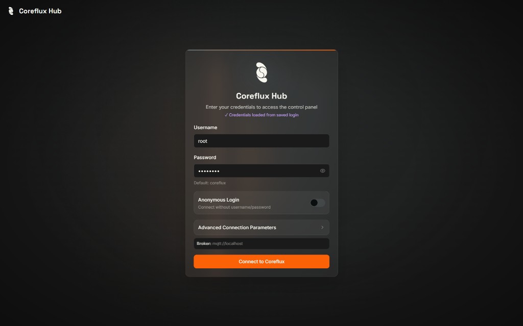Coreflux HUB login page with username, password, and Connect to Coreflux