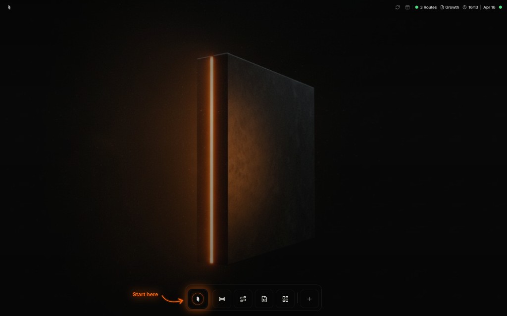 Coreflux HUB home screen with central artwork, bottom app dock with the home icon selected, and status details in the header