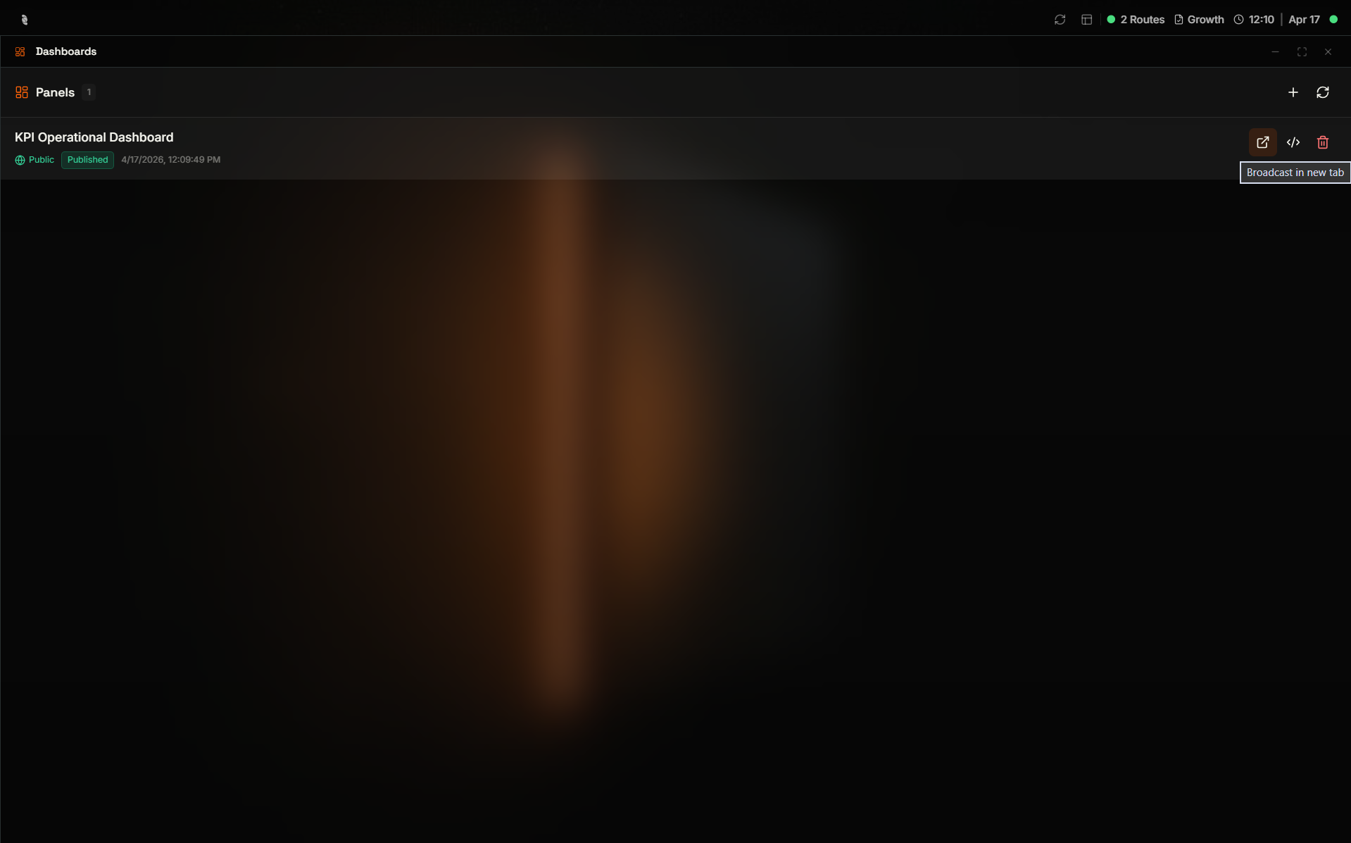 Coreflux HUB Dashboard Manager highlighting the external link action on a panel row to open a shareable dashboard URL