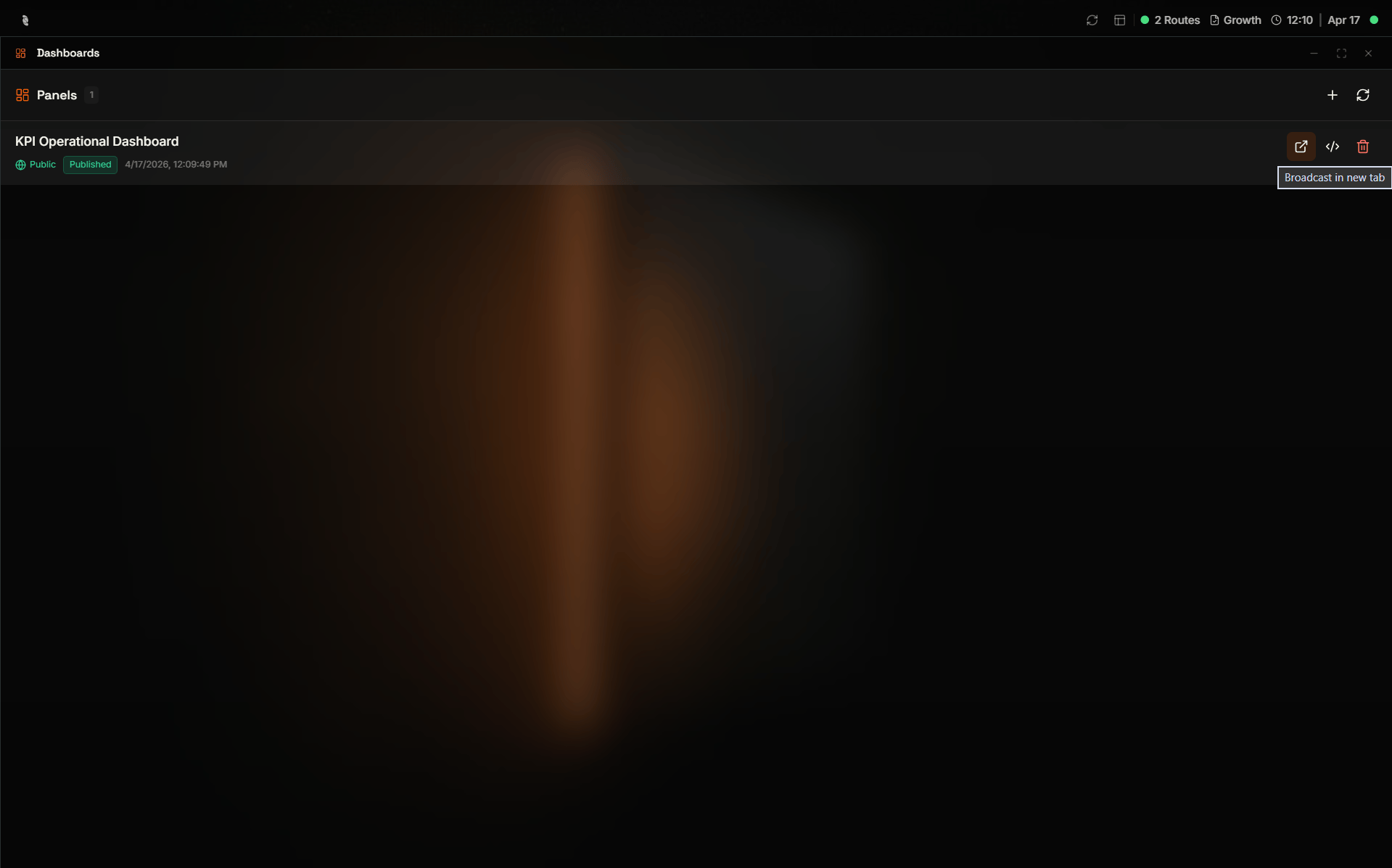 Coreflux HUB Dashboard Manager highlighting the external link action on a panel row to open a shareable dashboard URL
