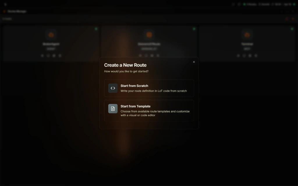 Coreflux HUB Create a New Route modal overlaid on the Route Manager asking How would you like to get started with two options — Start from Scratch to write a route definition in LoT code from scratch and Start from Template to choose from available route templates and customize with a visual or code editor