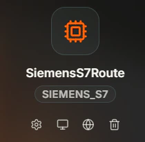 Coreflux HUB SiemensS7Route card with the SIEMENS_S7 type badge and a row of four action icons at the bottom — a gear for Configuration, a monitor for Monitor, a globe for Documentation, and a trash can for Delete