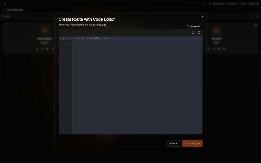 Coreflux HUB Create Route with Code Editor modal prompting to write your route definition in LoT language, showing an empty numbered code editor with Enter route definition here placeholder, Collapse All and fullscreen controls at the top, and Cancel and Create Route buttons at the bottom