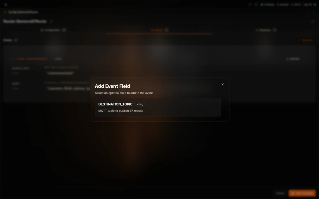 Coreflux HUB Add Event Field modal prompting to select an optional field to add to the event, showing a single option DESTINATION_TOPIC string described as MQTT topic to publish S7 results