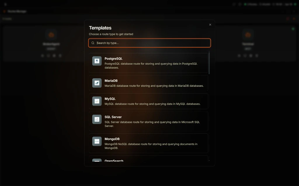 Coreflux HUB Templates modal titled Choose a route type to get started with a Search by type field and a scrollable list of route templates including PostgreSQL, MariaDB, MySQL, SQL Server, MongoDB, and OpenSearch, each with a description of its database route purpose
