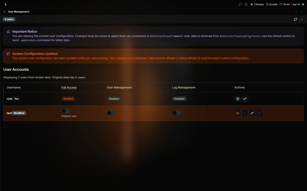 Coreflux HUB User Management window with an Important Notice at the top and a System Configuration Updated banner explaining that the system user configuration has been updated while editing and offering to refresh; the User Accounts table shows root with Full Access Enabled and User Management and Log Management Disabled, and test with a Modified badge, Full Access toggled off with an Original: true note, and save, cancel, change password, and delete action icons on the right