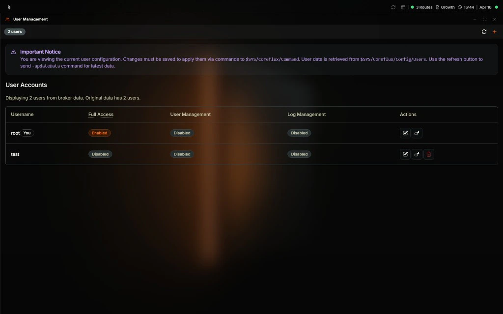 Coreflux HUB User Management window with a 2 users badge, a refresh and add buttons in the top-right, an Important Notice stating that changes must be saved via commands to $SYS/Coreflux/Command and that user data is retrieved from $SYS/Coreflux/Config/Users, and a User Accounts table displaying root (marked You) with Full Access Enabled and User Management and Log Management Disabled plus edit and key action icons, and test with all three permissions Disabled plus edit, key, and delete action icons