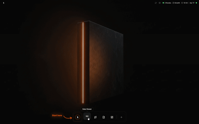 Animated walkthrough showing how to open the Data Viewer from the Coreflux HUB top navigation