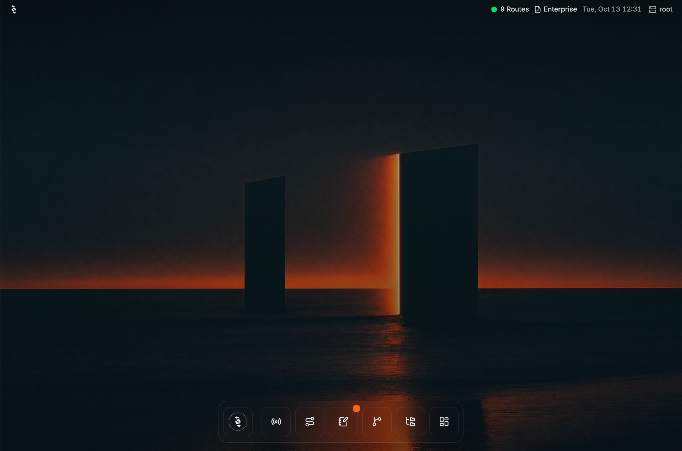 Coreflux HUB desktop with wallpaper, the top-right status bar showing 9 Routes, Enterprise, the date and time and the root broker menu, and the bottom dock with Coreflux AI, Data Viewer, Routes, LoT Editor, LoT Flow, UNS Viewer, and Dashboards