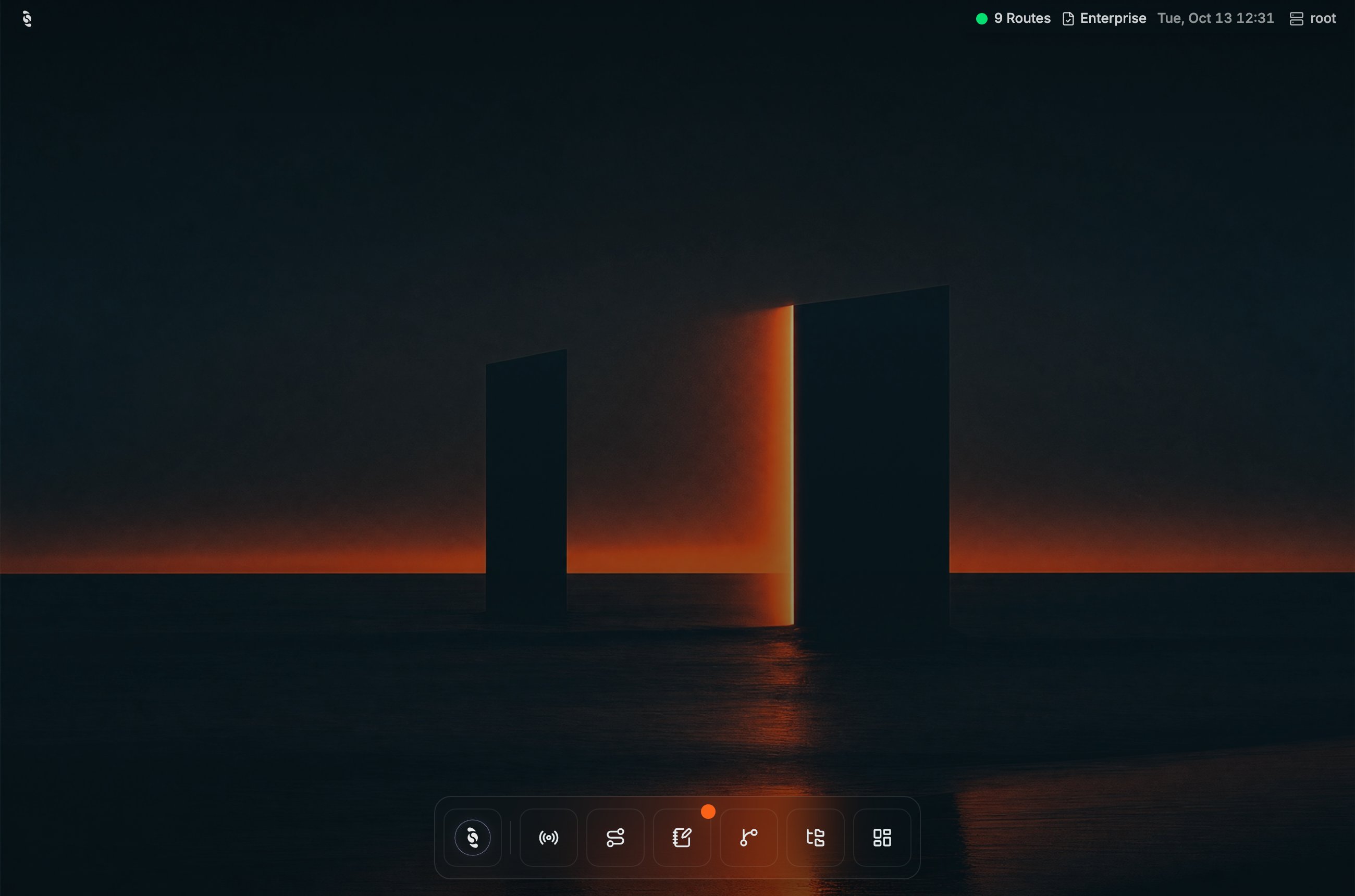 Coreflux HUB desktop with wallpaper, the top-right status bar showing 9 Routes, Enterprise, the date and time and the root broker menu, and the bottom dock with Coreflux AI, Data Viewer, Routes, LoT Editor, LoT Flow, UNS Viewer, and Dashboards