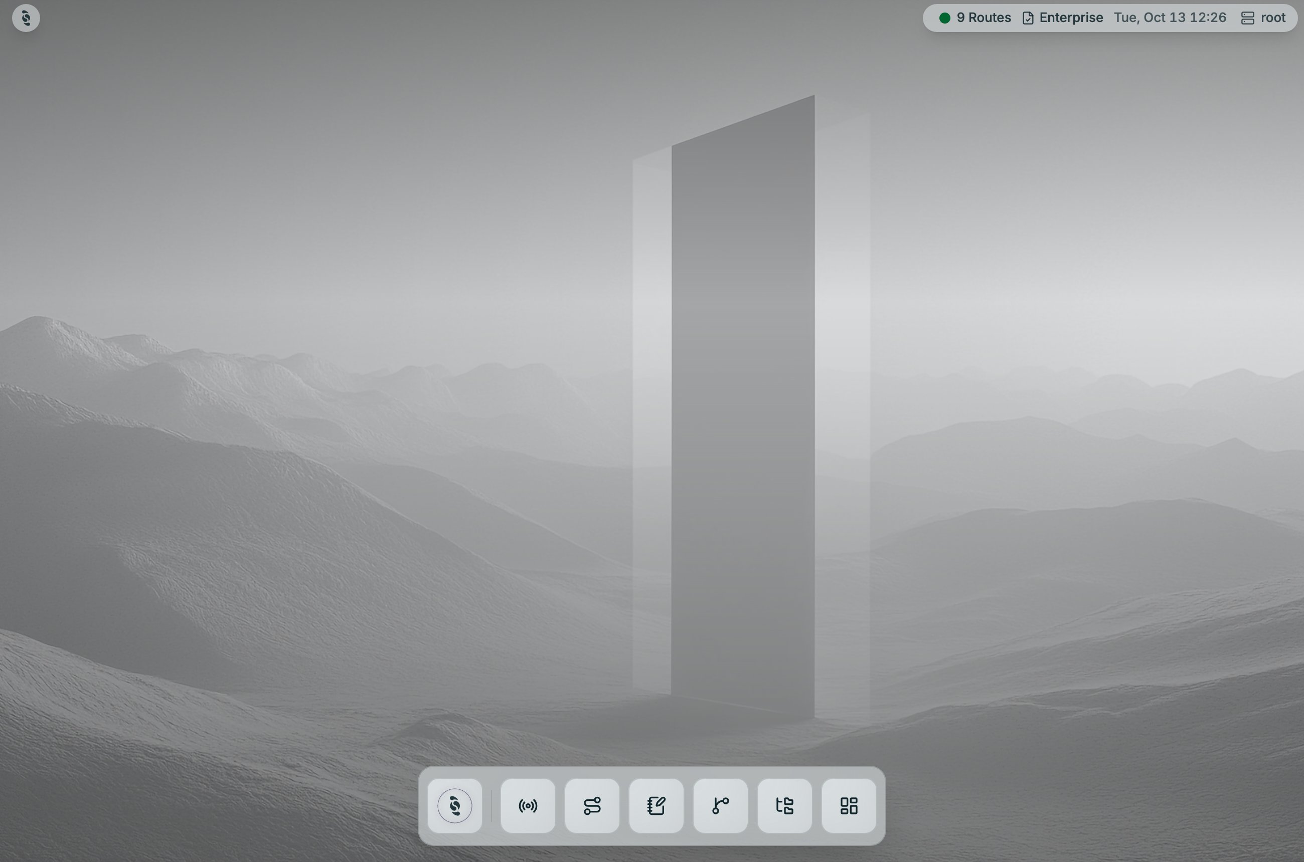 Coreflux HUB desktop with wallpaper, the top-right status bar showing 9 Routes, Enterprise, the date and time and the root broker menu, and the bottom dock with Coreflux AI, Data Viewer, Routes, LoT Editor, LoT Flow, UNS Viewer, and Dashboards