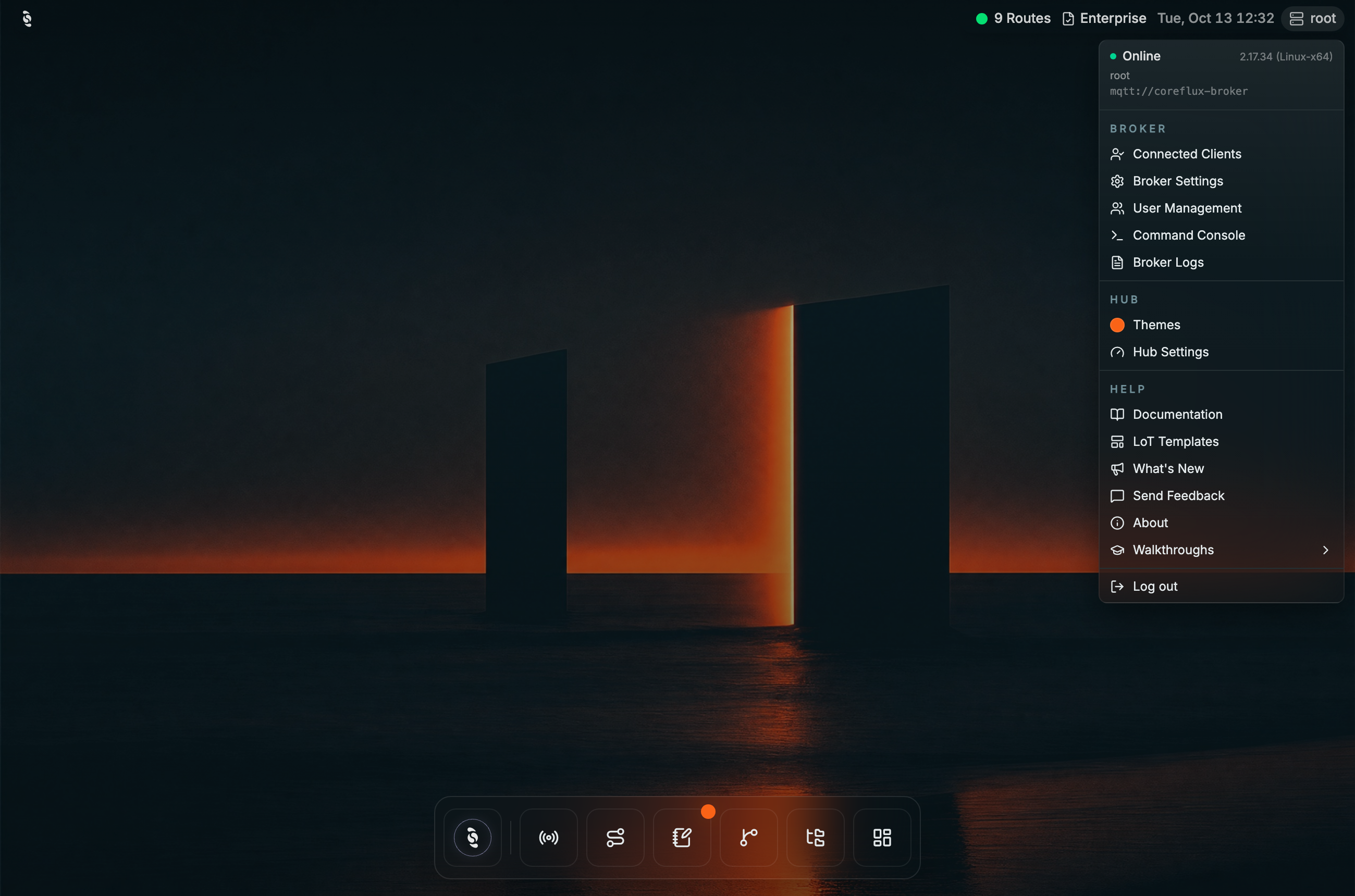 Coreflux HUB broker menu opened from the status bar showing Online with the broker version, then Broker items Connected Clients, Broker Settings, User Management, Command Console, Broker Logs, HUB items Themes and Hub Settings, Help items, and Log out