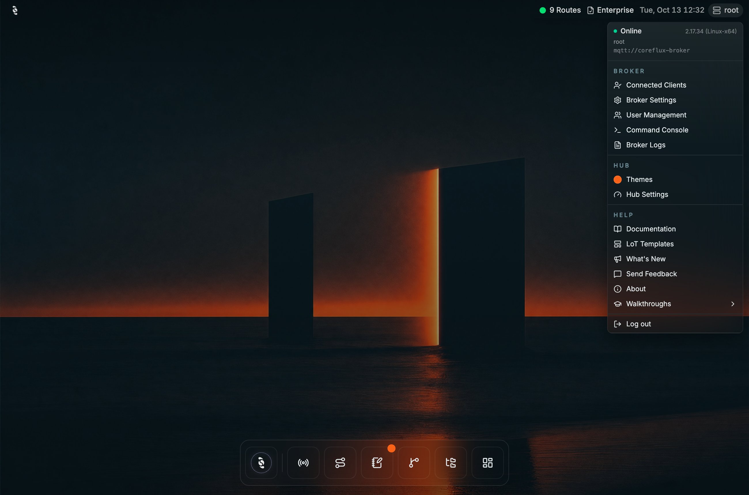 Coreflux HUB broker menu opened from the status bar showing Online with the broker version, then Broker items Connected Clients, Broker Settings, User Management, Command Console, Broker Logs, HUB items Themes and Hub Settings, Help items, and Log out