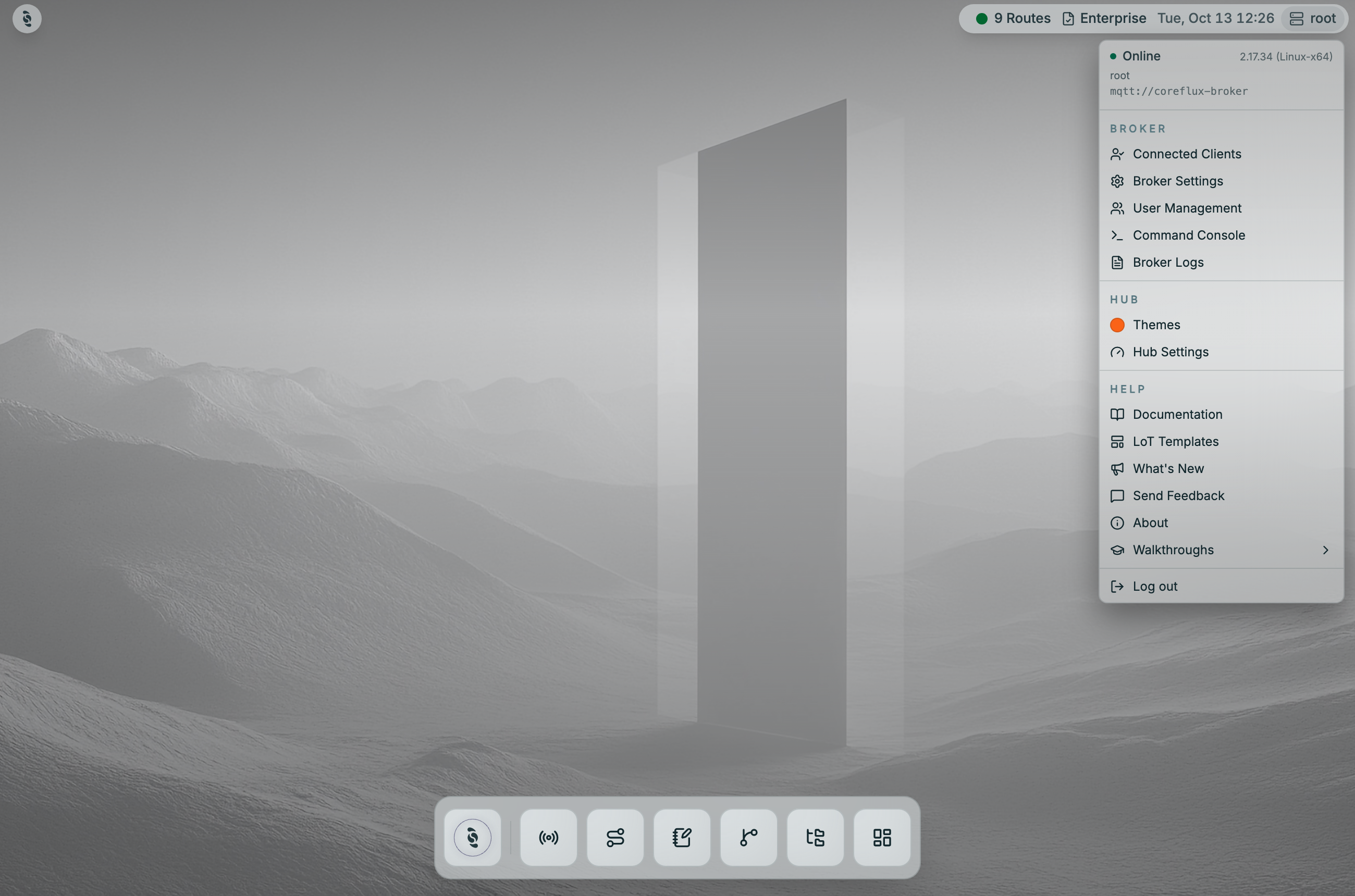 Coreflux HUB broker menu opened from the status bar showing Online with the broker version, then Broker items Connected Clients, Broker Settings, User Management, Command Console, Broker Logs, HUB items Themes and Hub Settings, Help items, and Log out