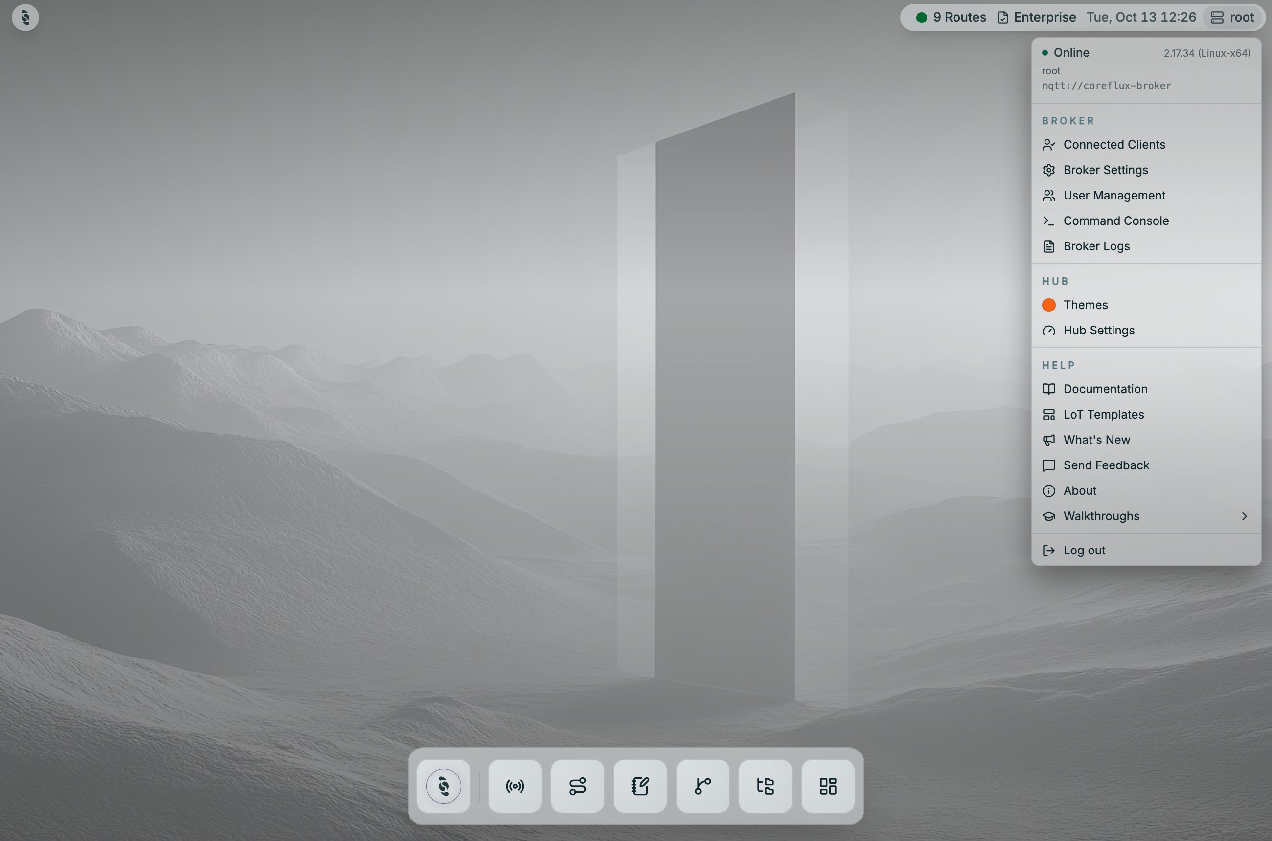 Coreflux HUB broker menu opened from the status bar showing Online with the broker version, then Broker items Connected Clients, Broker Settings, User Management, Command Console, Broker Logs, HUB items Themes and Hub Settings, Help items, and Log out