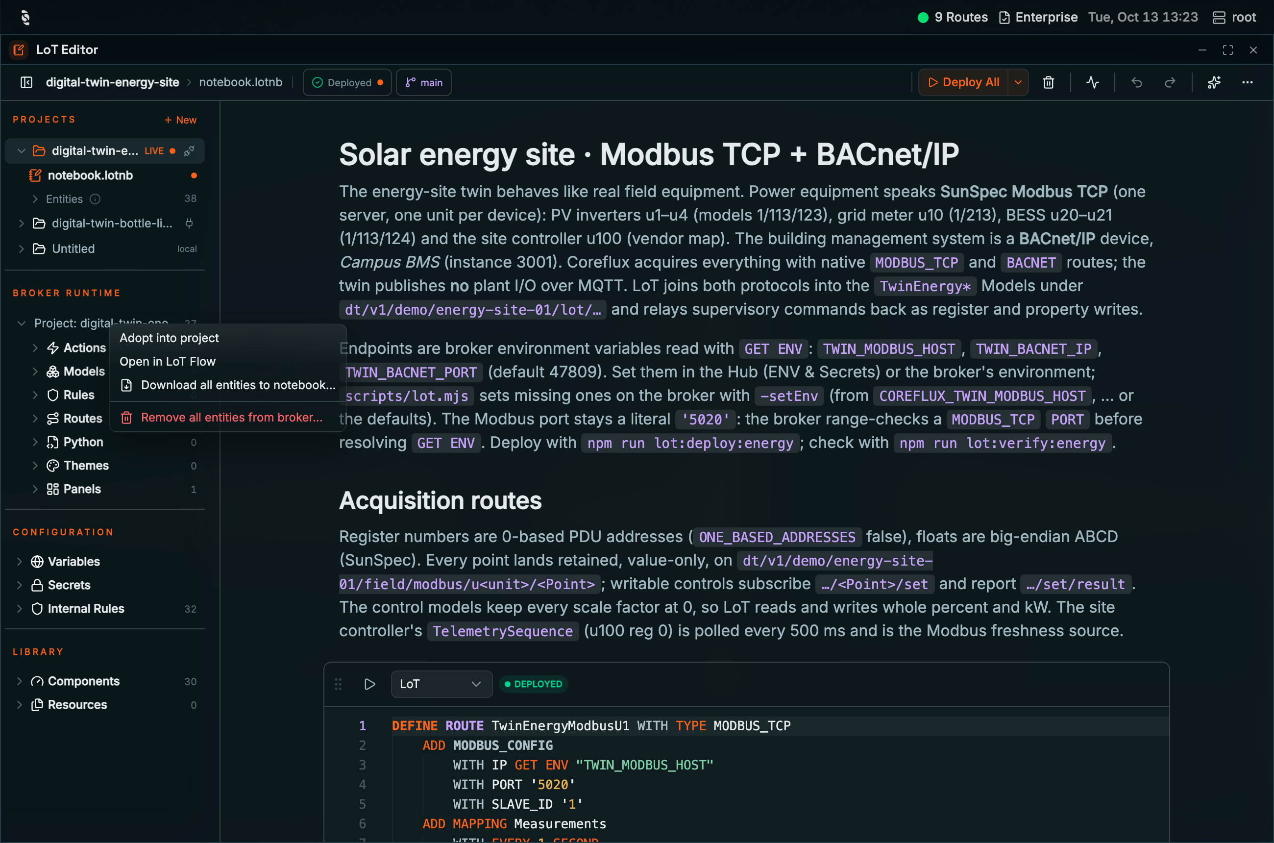 Context menu on the Broker runtime project in the Coreflux HUB LoT Editor with Adopt into project, Open in LoT Flow, Download all entities to notebook, and Remove all entities from broker in red