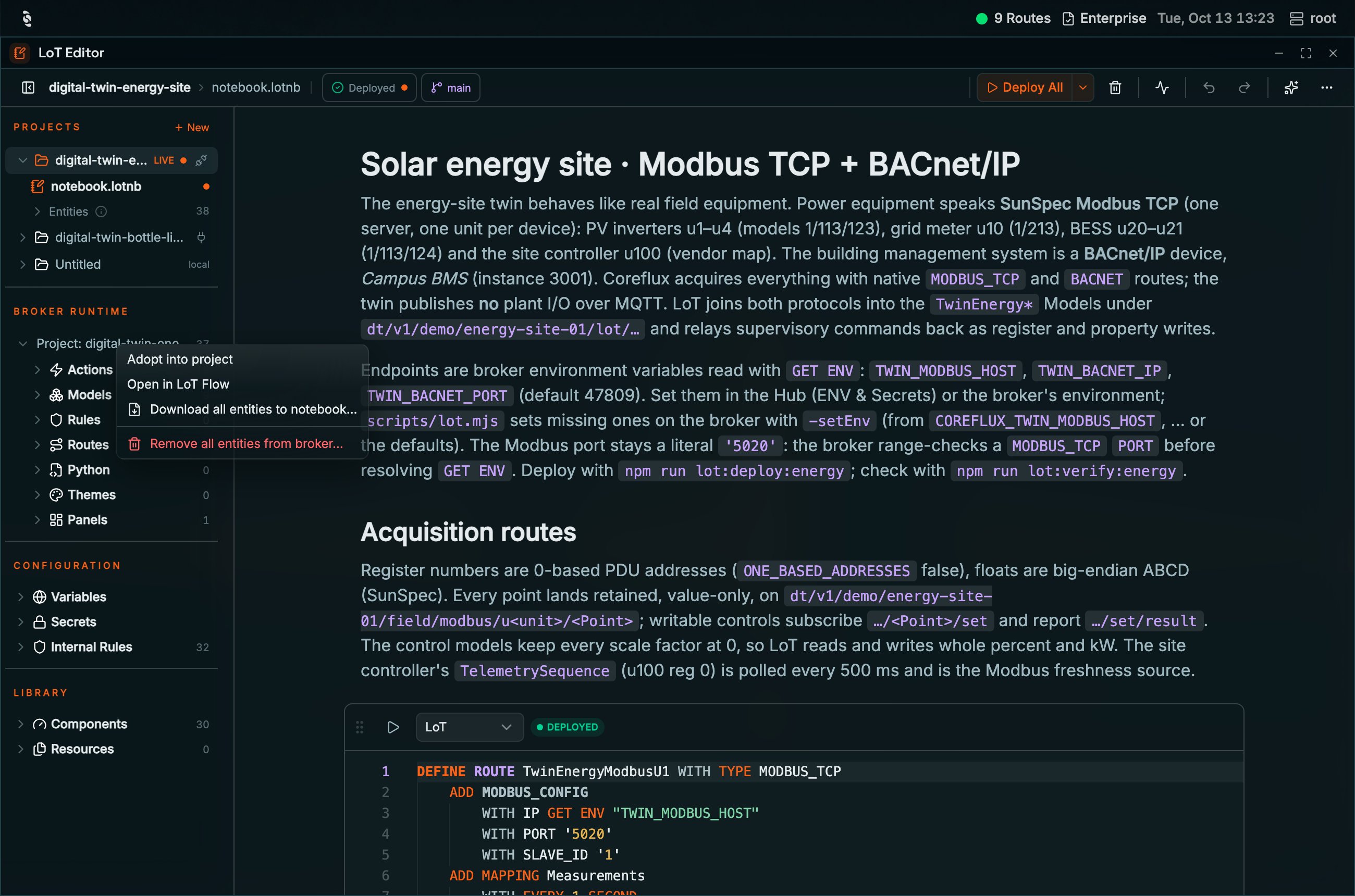 Context menu on the Broker runtime project in the Coreflux HUB LoT Editor with Adopt into project, Open in LoT Flow, Download all entities to notebook, and Remove all entities from broker in red