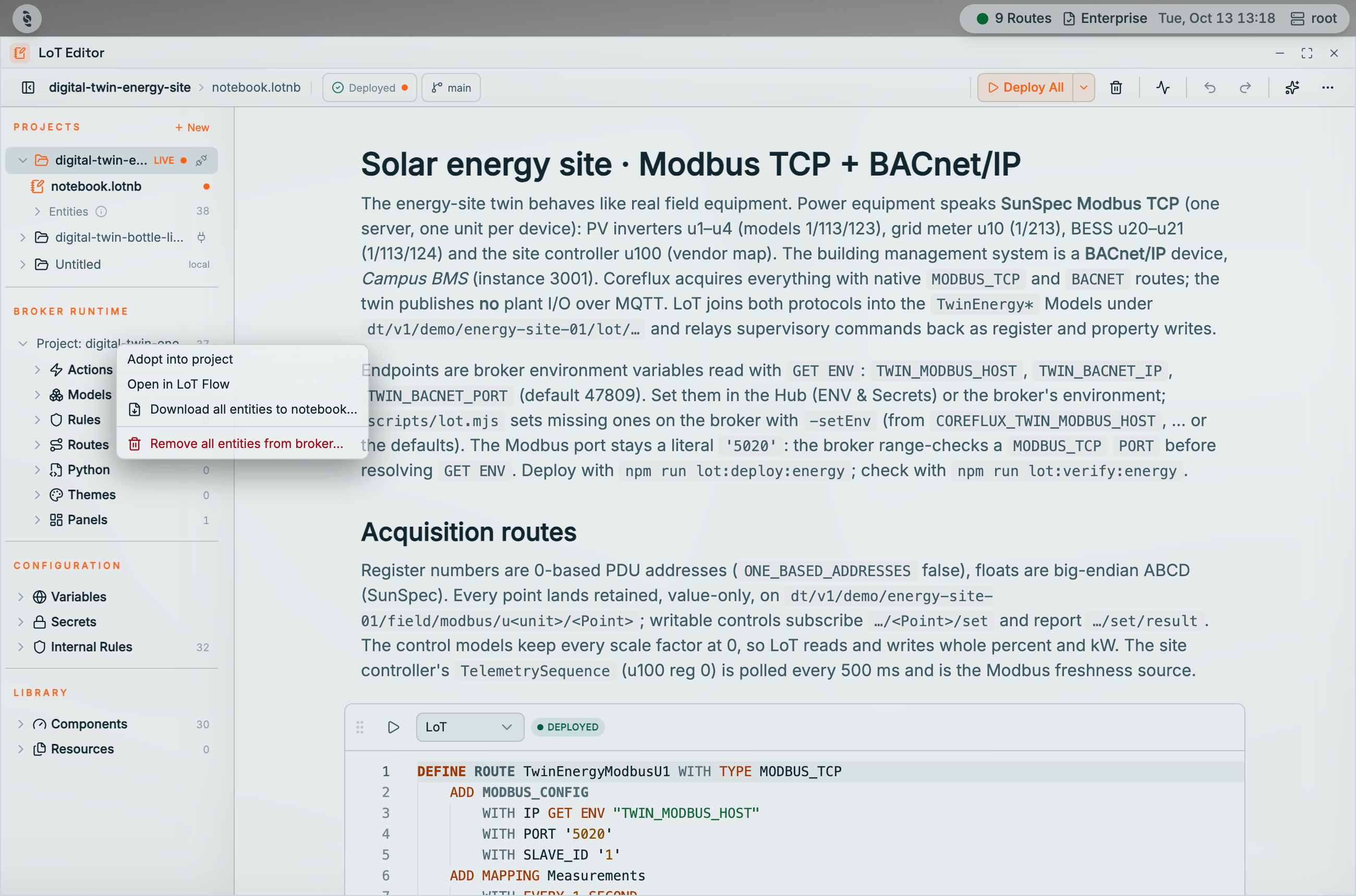 Context menu on the Broker runtime project in the Coreflux HUB LoT Editor with Adopt into project, Open in LoT Flow, Download all entities to notebook, and Remove all entities from broker in red