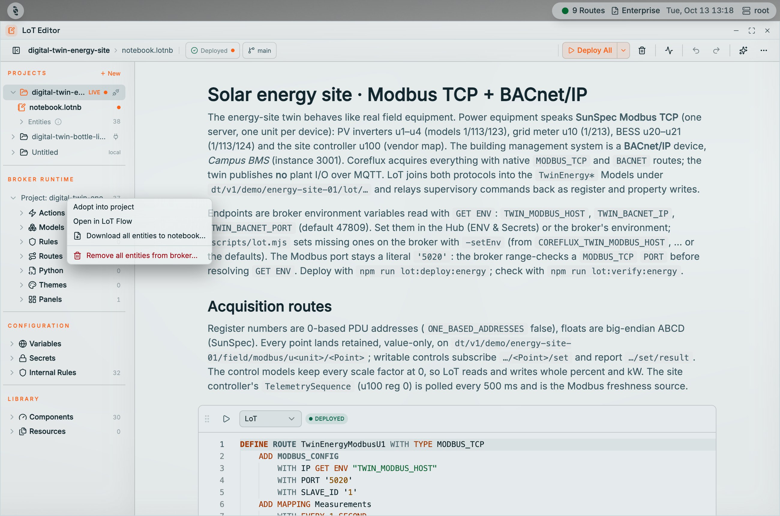 Context menu on the Broker runtime project in the Coreflux HUB LoT Editor with Adopt into project, Open in LoT Flow, Download all entities to notebook, and Remove all entities from broker in red