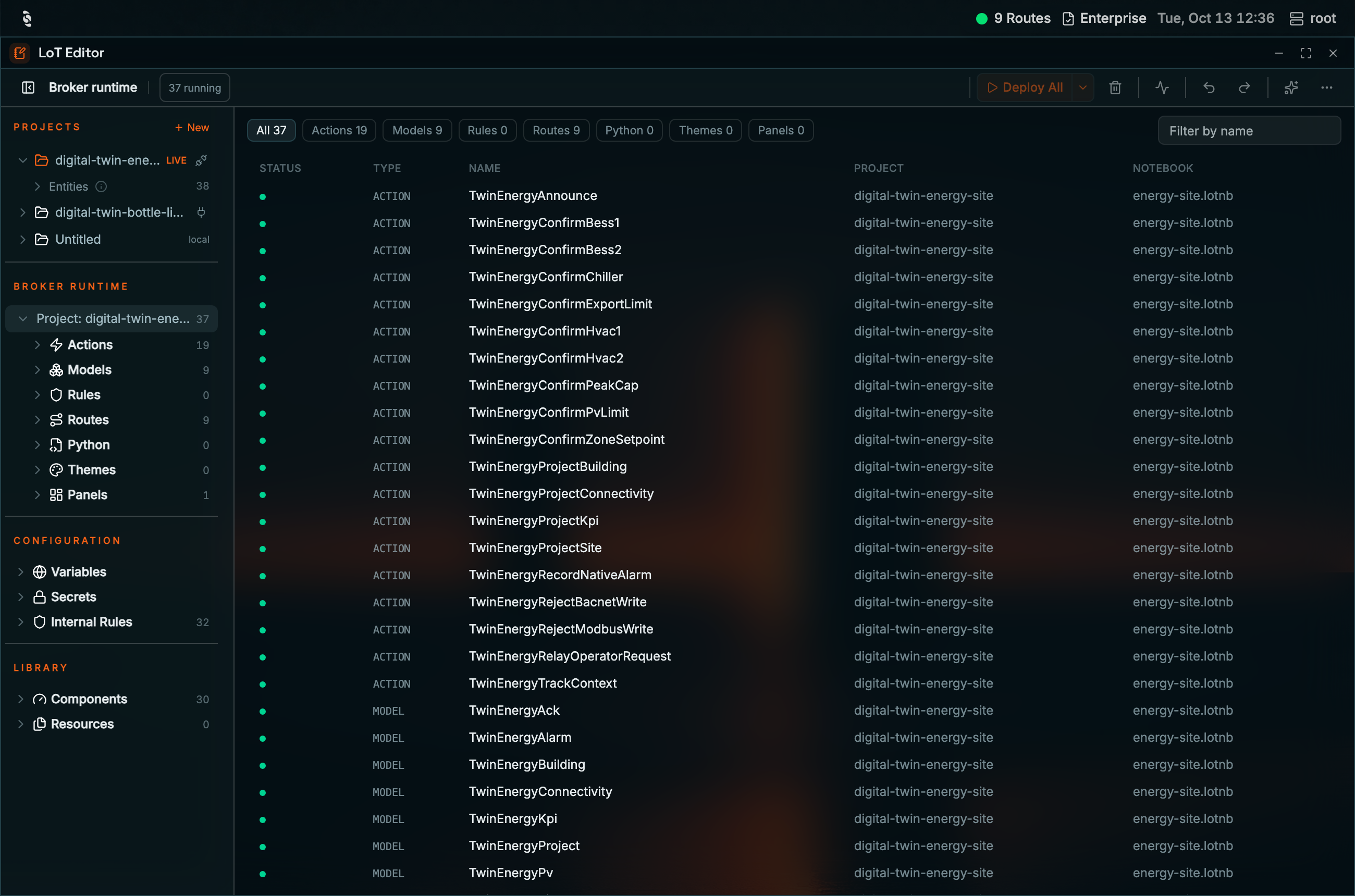 Coreflux HUB Broker runtime inspector with All 37, Actions 19, Models 9, Rules 0, Routes 9, Python 0, Themes 0, and Panels 0 filters, Filter by name, and a table of running TwinEnergy actions and models, each in project digital-twin-energy-site and notebook energy-site.lotnb