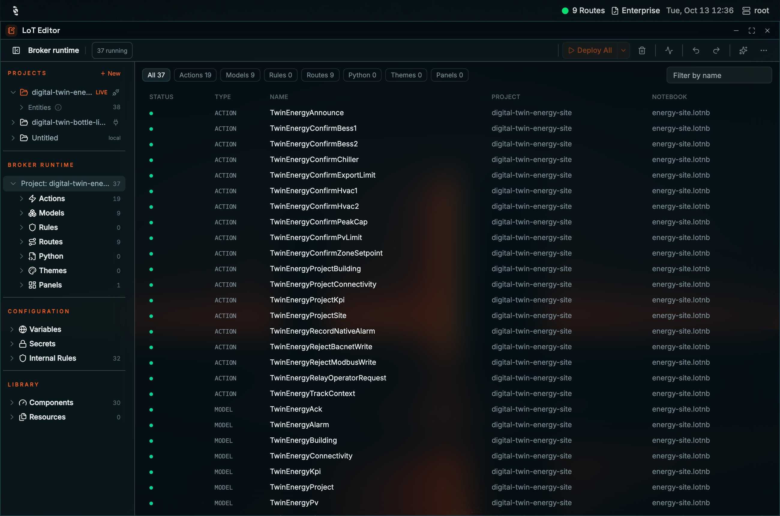 Coreflux HUB Broker runtime inspector with All 37, Actions 19, Models 9, Rules 0, Routes 9, Python 0, Themes 0, and Panels 0 filters, Filter by name, and a table of running TwinEnergy actions and models, each in project digital-twin-energy-site and notebook energy-site.lotnb