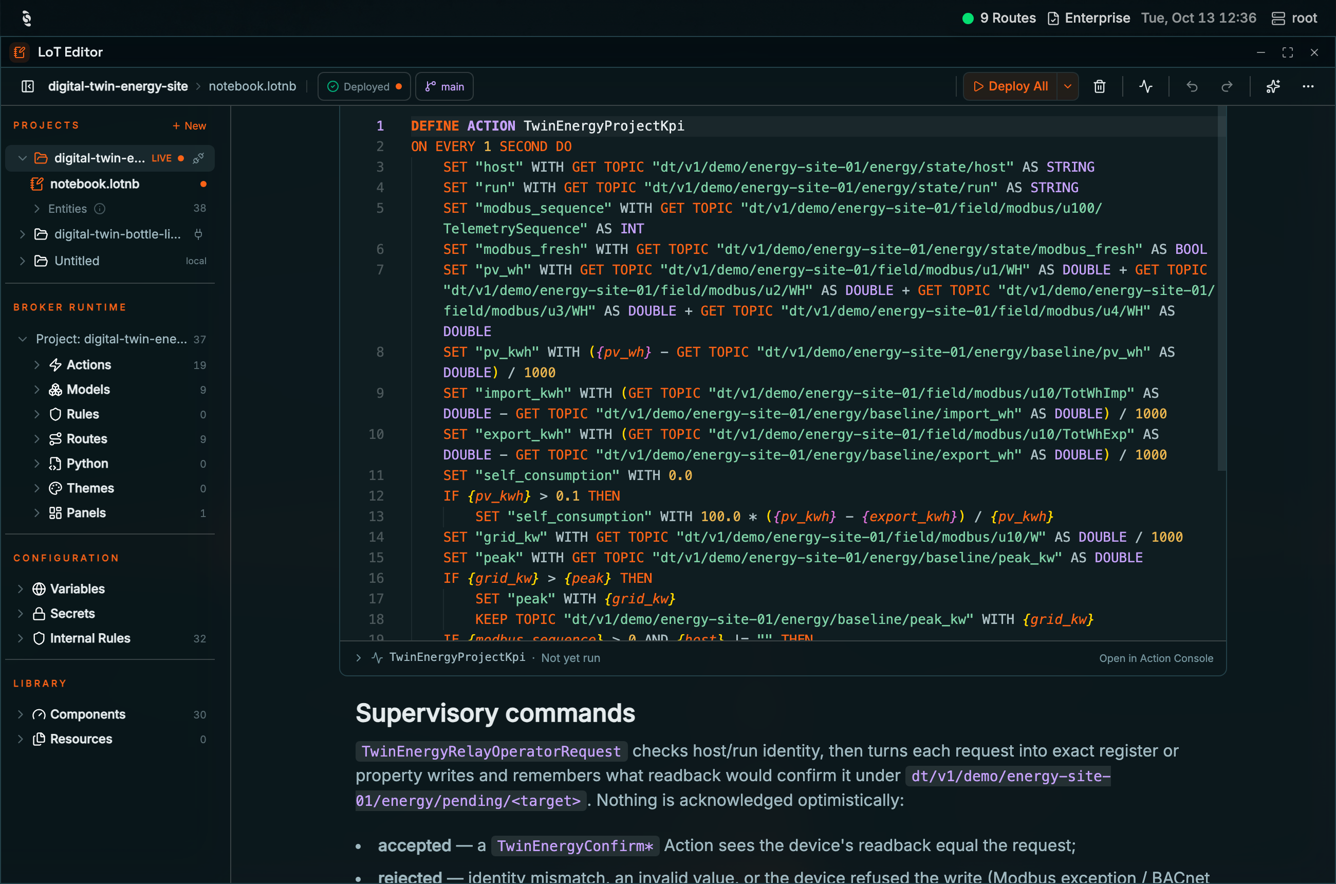 Coreflux HUB LoT Editor TwinEnergyProjectKpi cell hovered with the DEPLOYED badge and toolbar controls, DEFINE ACTION TwinEnergyProjectKpi ON EVERY 1 SECOND reading energy-site topics, and the strip TwinEnergyProjectKpi Not yet run with Open in Action Console