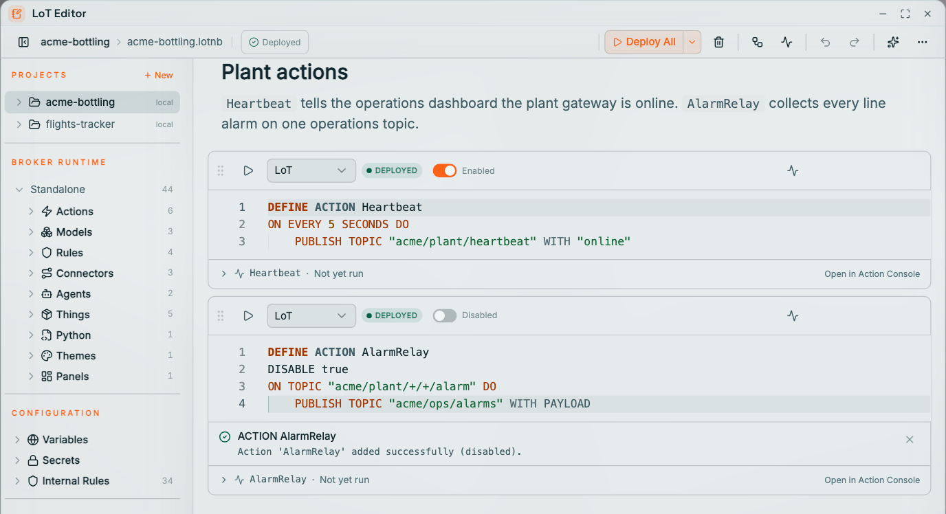 Coreflux HUB LoT Editor with the acme-bottling project open on its Plant actions section: the Heartbeat cell, publishing acme/plant/heartbeat every 5 seconds, with its Enabled switch on, and the AlarmRelay cell with its switch off labelled Disabled, the line DISABLE true under DEFINE ACTION AlarmRelay, and the result Action AlarmRelay added successfully (disabled)