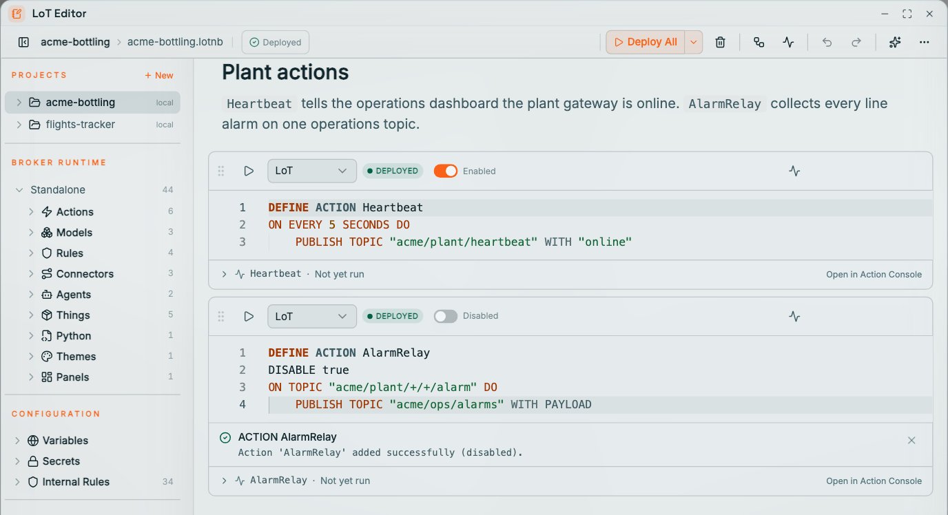 Coreflux HUB LoT Editor with the acme-bottling project open on its Plant actions section: the Heartbeat cell, publishing acme/plant/heartbeat every 5 seconds, with its Enabled switch on, and the AlarmRelay cell with its switch off labelled Disabled, the line DISABLE true under DEFINE ACTION AlarmRelay, and the result Action AlarmRelay added successfully (disabled)