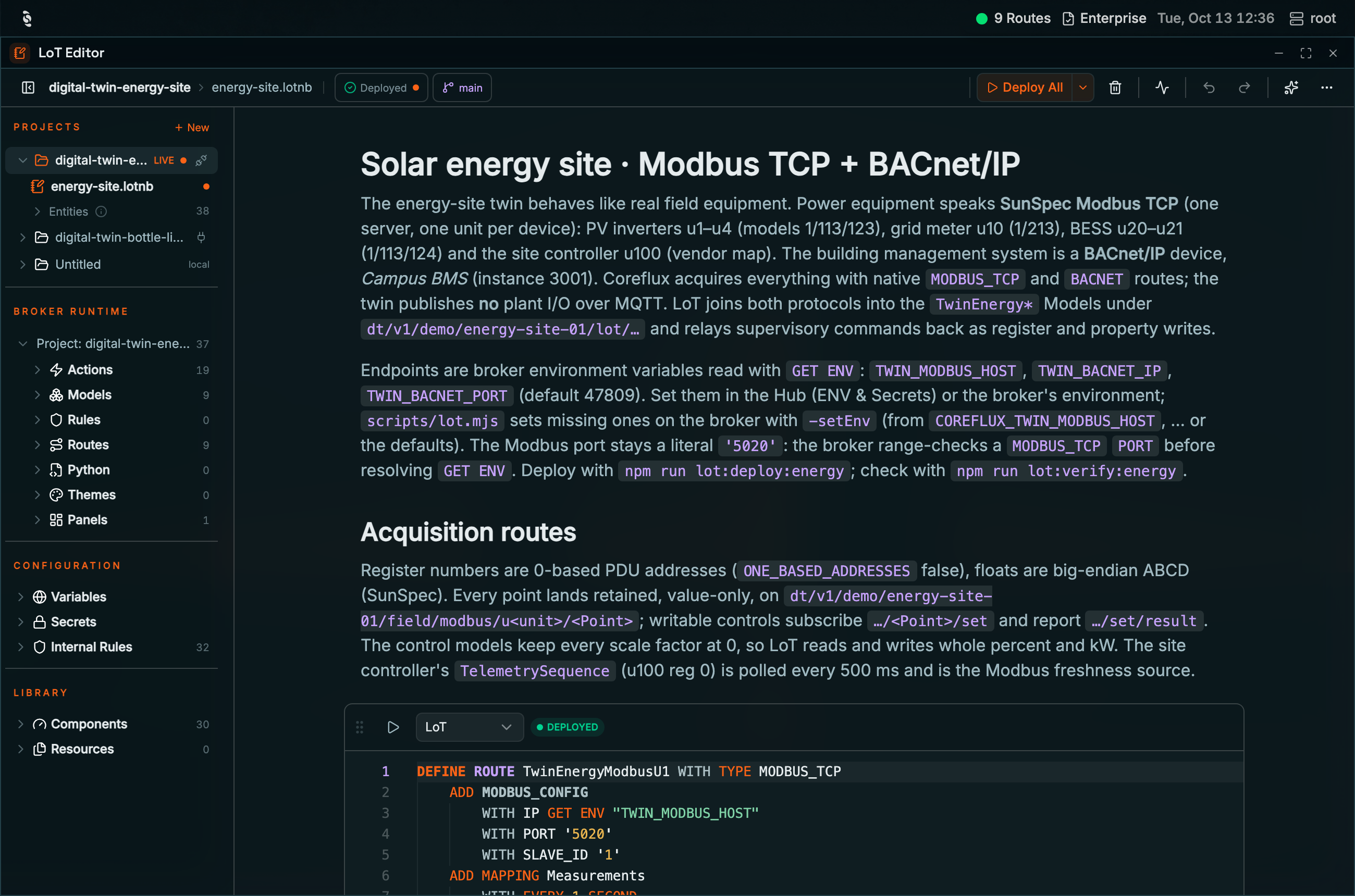 Coreflux HUB LoT Editor showing the digital-twin-energy-site project badged LIVE, energy-site.lotnb open with a markdown intro and a DEFINE ROUTE cell badged DEPLOYED, and the Broker runtime tree with Actions, Models, Rules, Routes, Python, Themes, and Panels