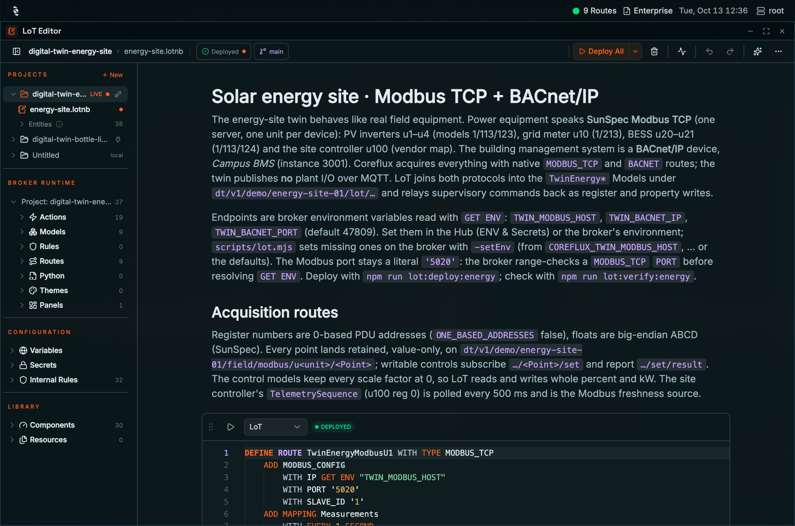 Coreflux HUB LoT Editor showing the digital-twin-energy-site project badged LIVE, energy-site.lotnb open with a markdown intro and a DEFINE ROUTE cell badged DEPLOYED, and the Broker runtime tree with Actions, Models, Rules, Routes, Python, Themes, and Panels