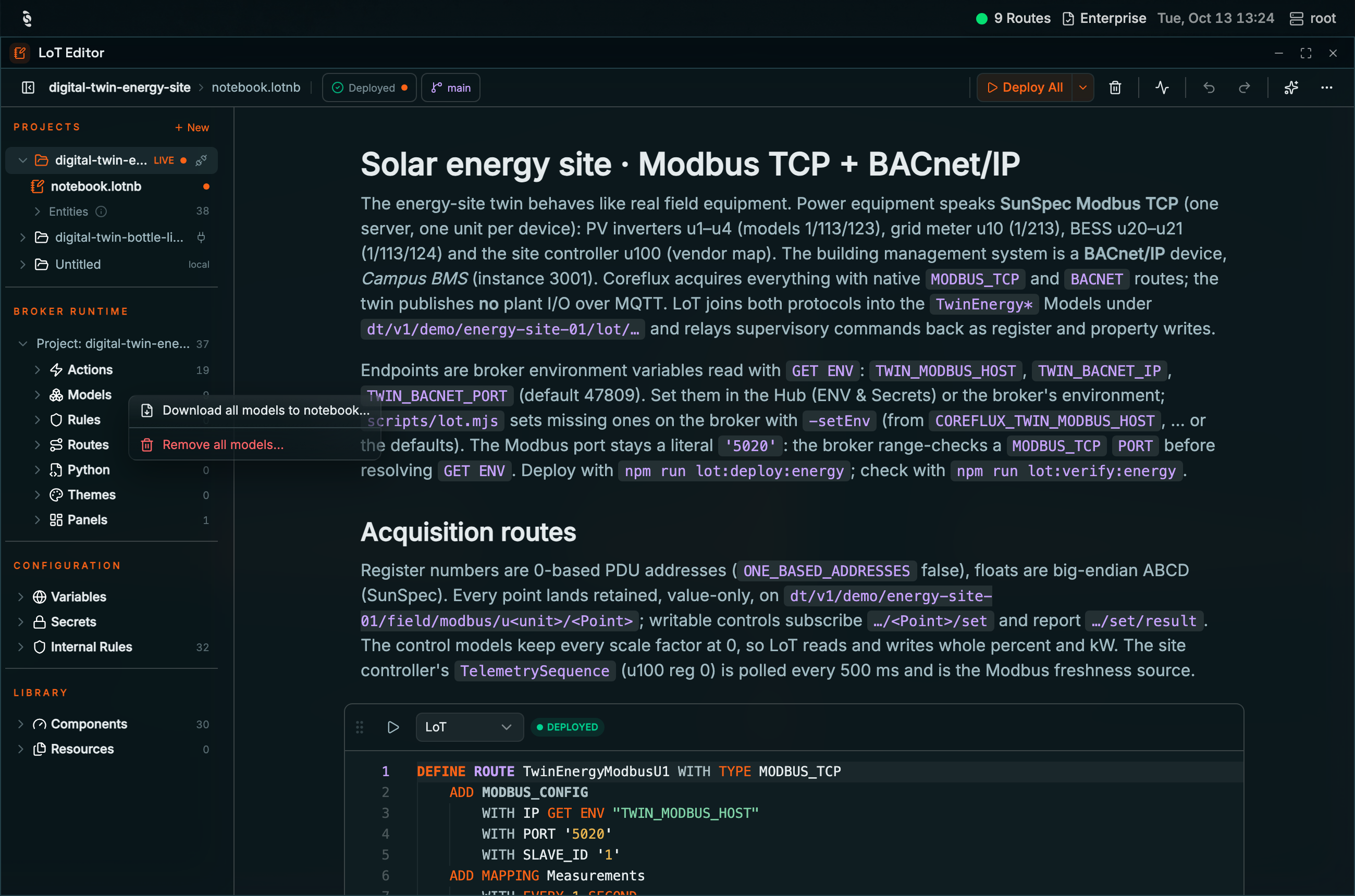 Context menu on the Models entity type group in the Coreflux HUB LoT Editor Broker runtime showing Download all models to notebook… and Remove all models… in red