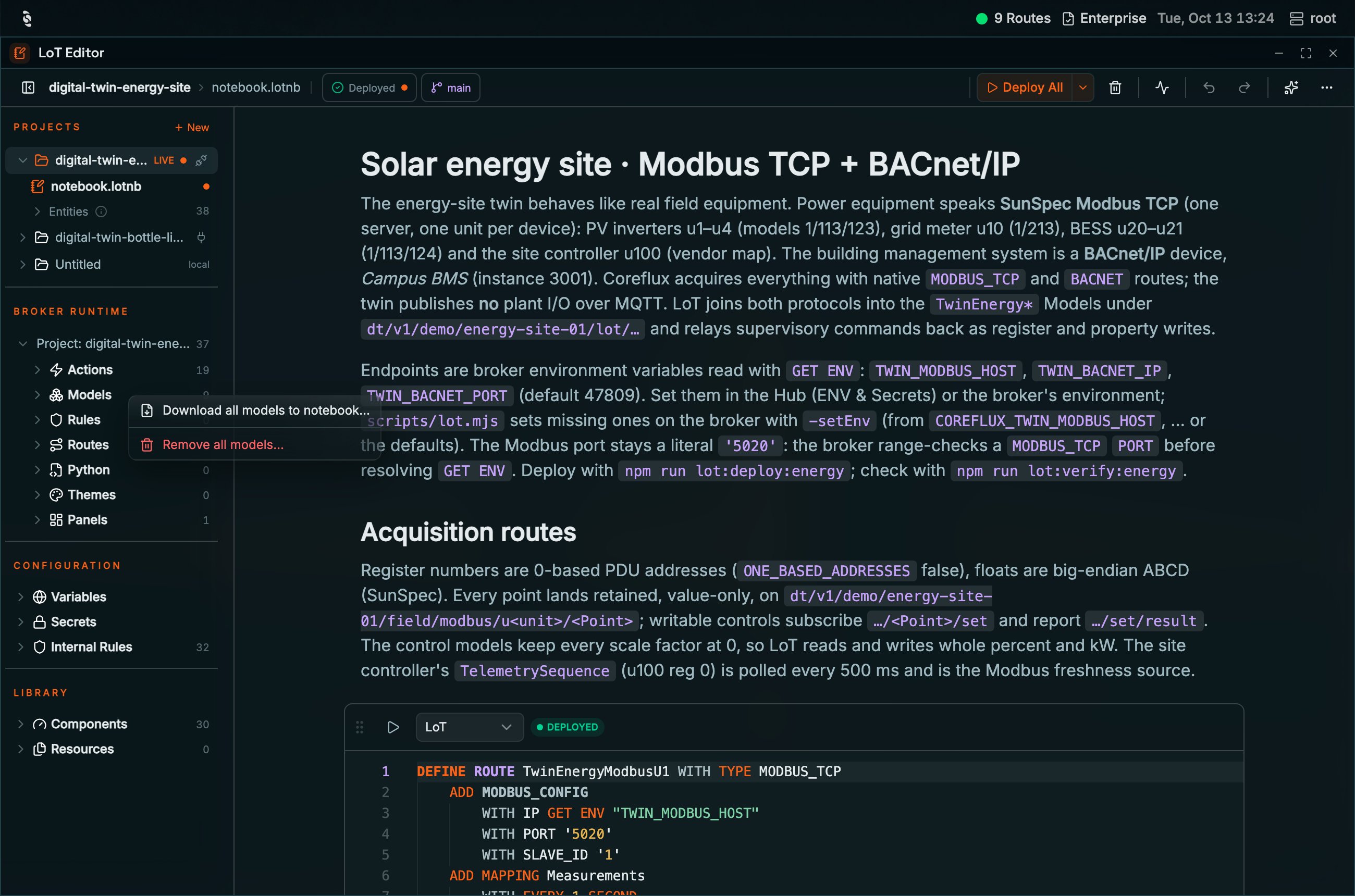 Context menu on the Models entity type group in the Coreflux HUB LoT Editor Broker runtime showing Download all models to notebook… and Remove all models… in red