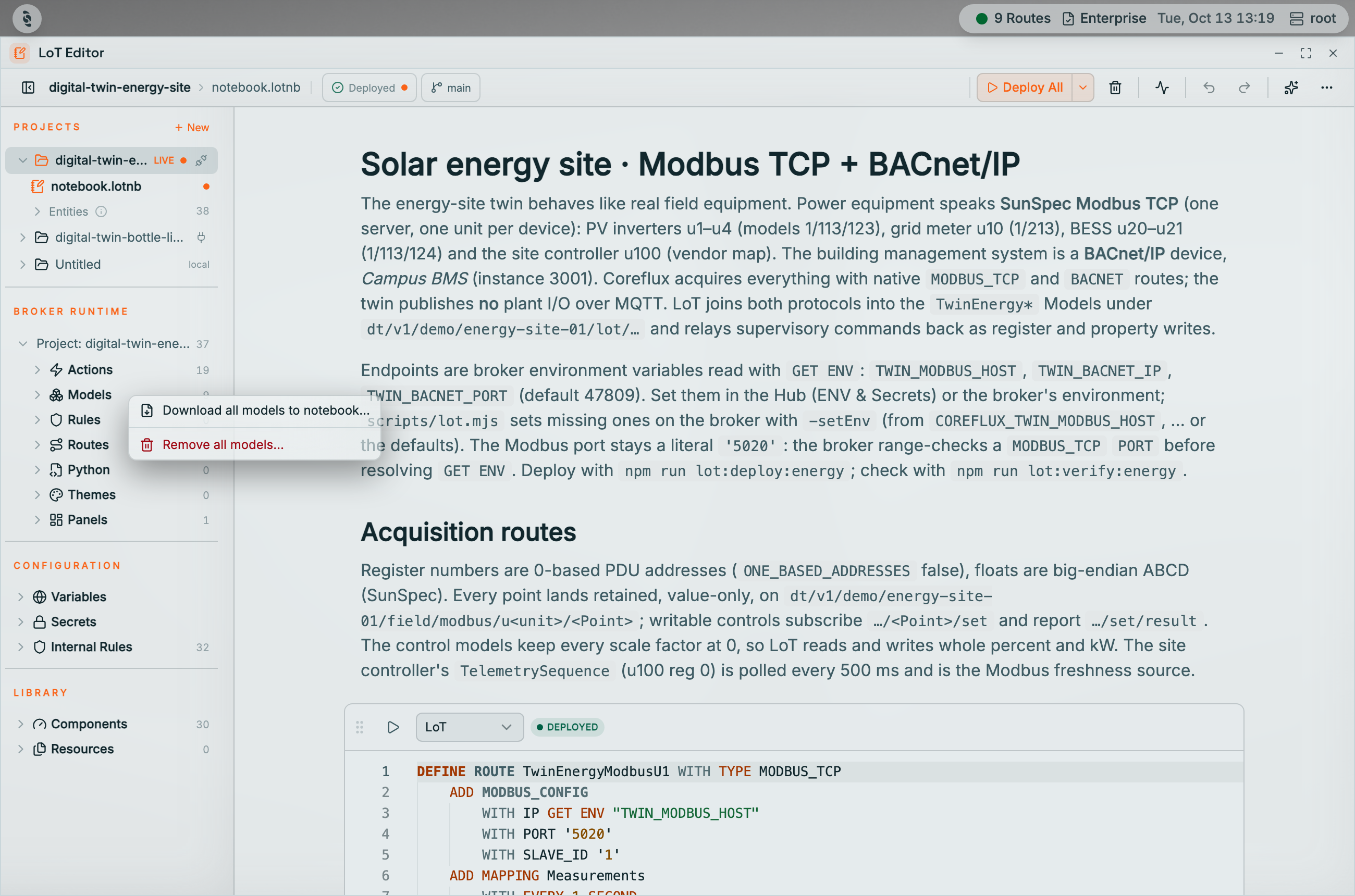 Context menu on the Models entity type group in the Coreflux HUB LoT Editor Broker runtime showing Download all models to notebook… and Remove all models… in red