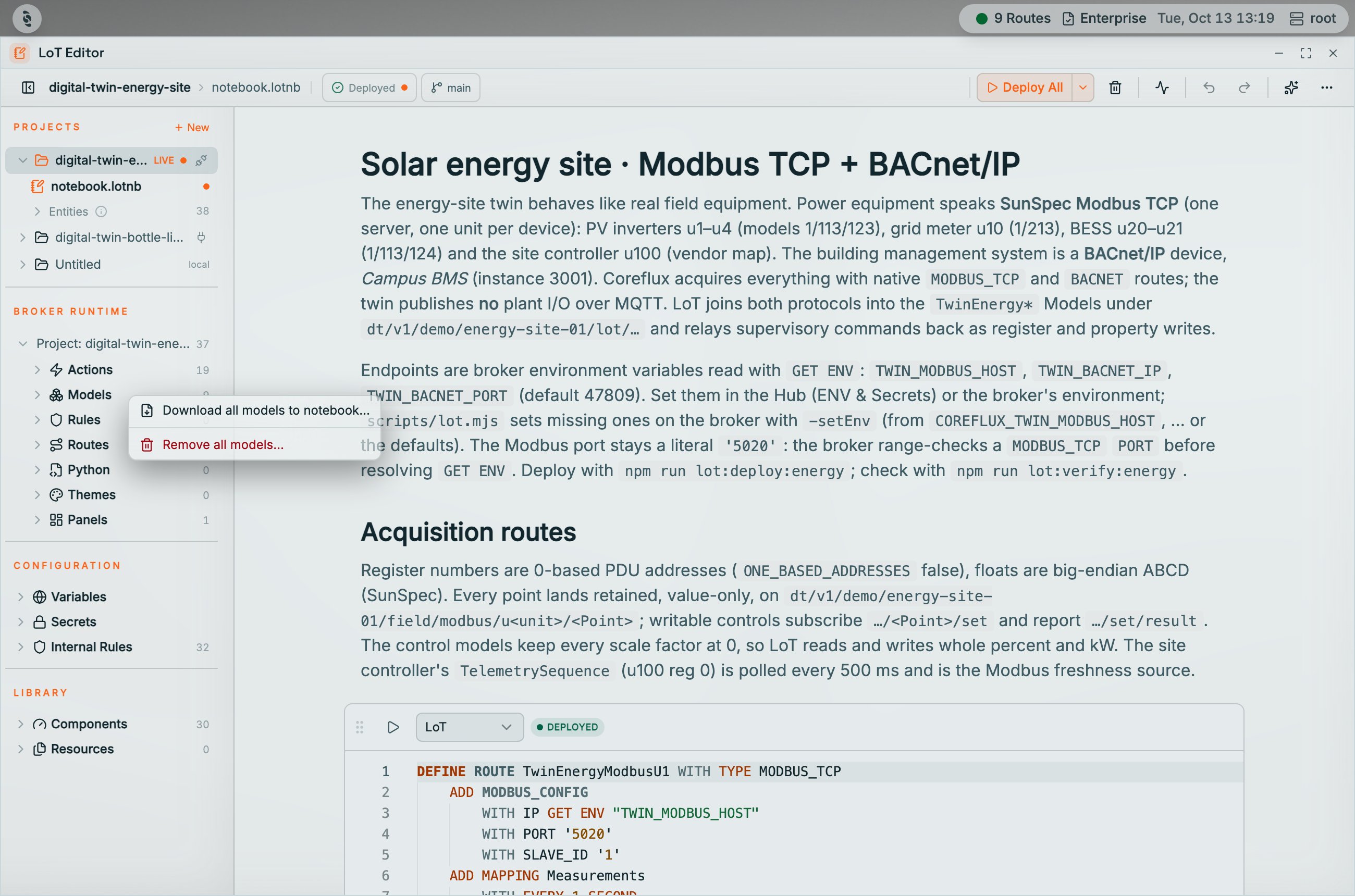 Context menu on the Models entity type group in the Coreflux HUB LoT Editor Broker runtime showing Download all models to notebook… and Remove all models… in red