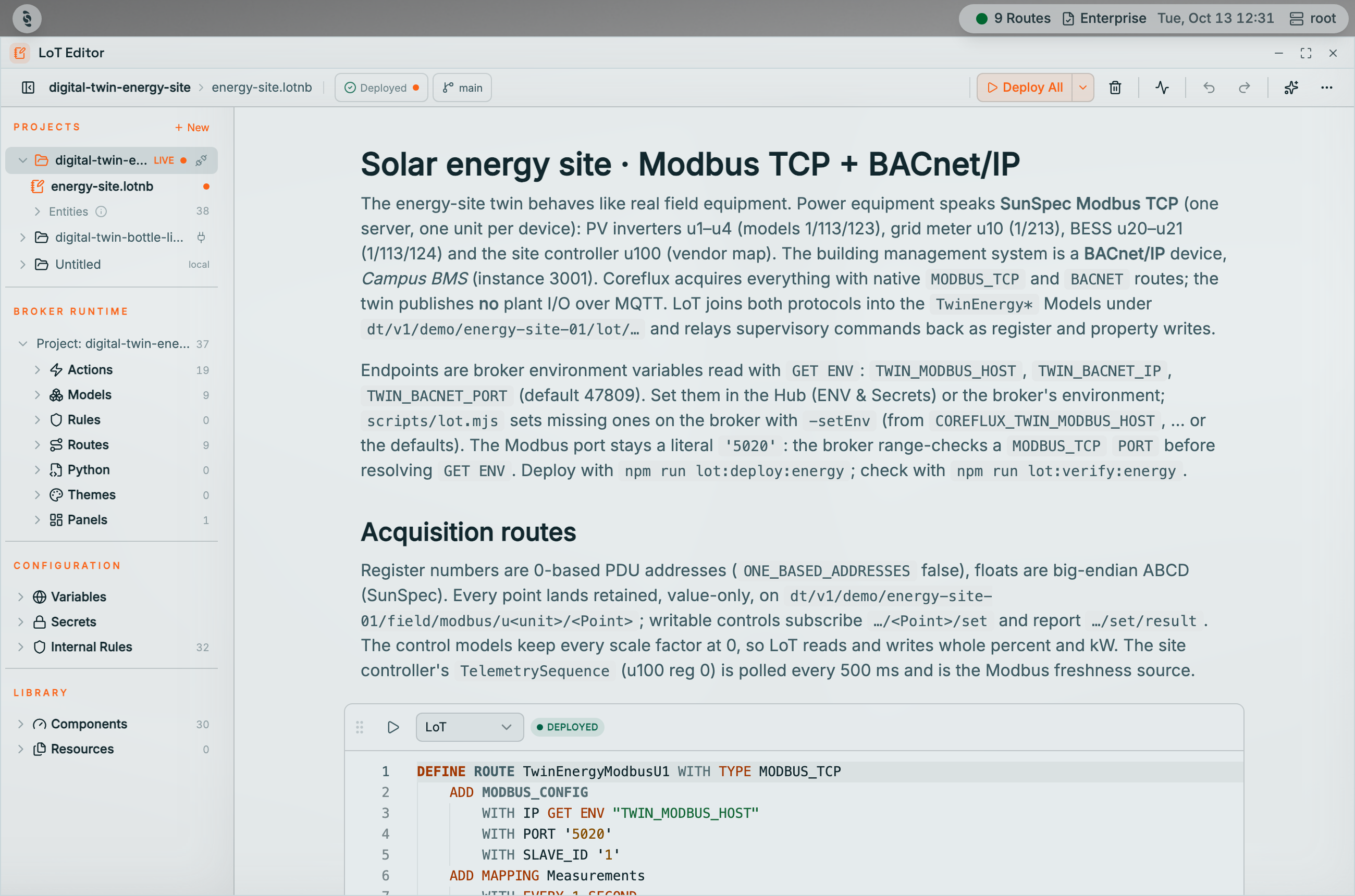 Coreflux HUB LoT Editor showing the digital-twin-energy-site project badged LIVE, energy-site.lotnb open with a markdown intro and a DEFINE ROUTE cell badged DEPLOYED, and the Broker runtime tree with Actions, Models, Rules, Routes, Python, Themes, and Panels