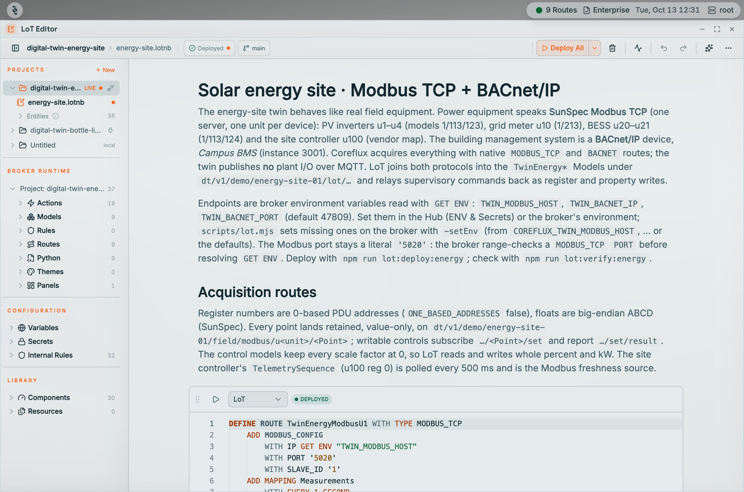 Coreflux HUB LoT Editor showing the digital-twin-energy-site project badged LIVE, energy-site.lotnb open with a markdown intro and a DEFINE ROUTE cell badged DEPLOYED, and the Broker runtime tree with Actions, Models, Rules, Routes, Python, Themes, and Panels