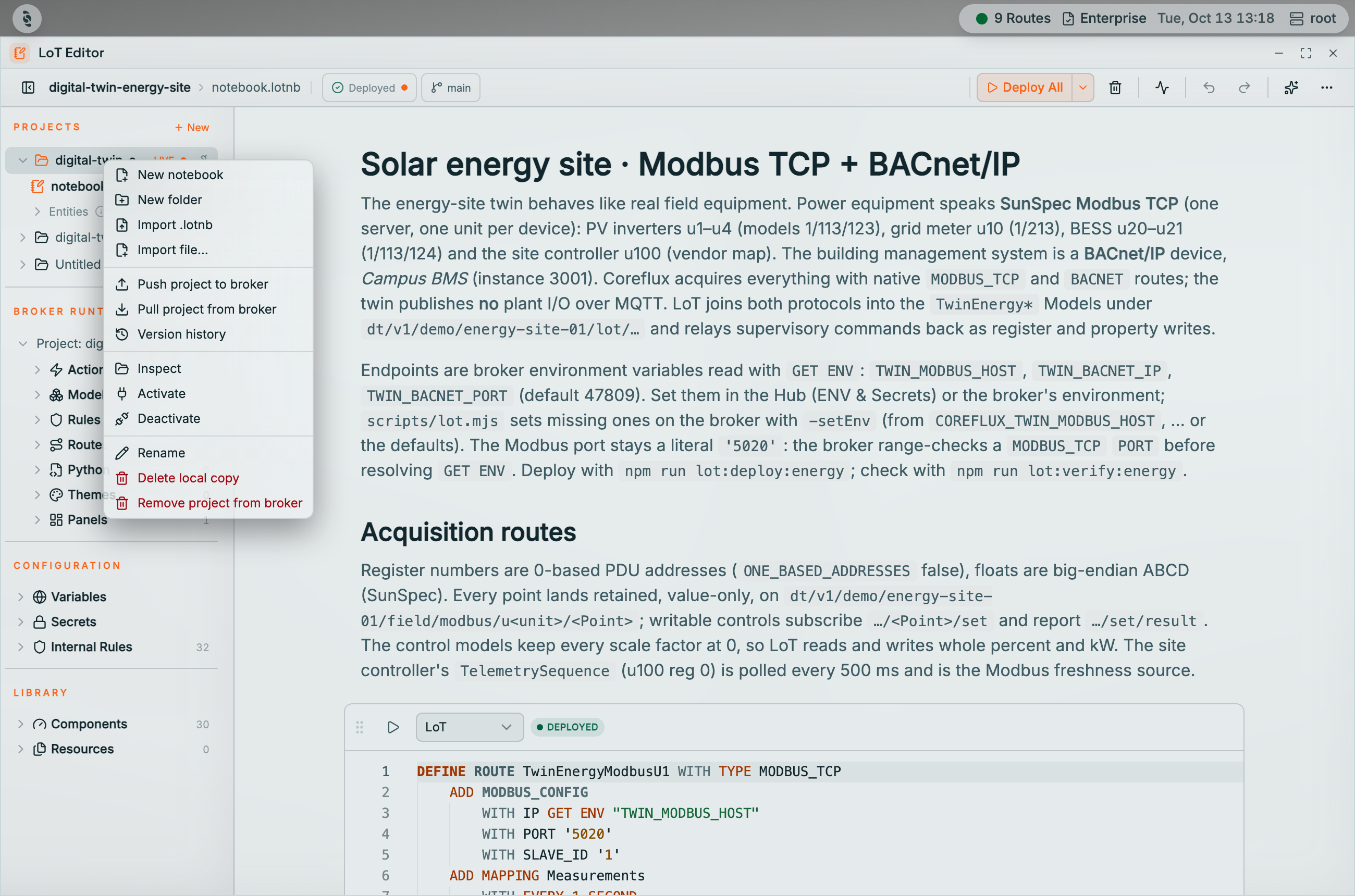 Context menu for the digital-twin-energy-site project in the Coreflux HUB LoT Editor with New notebook, New folder, Import .lotnb, Import file, Push project to broker, Pull project from broker, Version history, Inspect, Activate, Deactivate, Rename, Delete local copy, and Remove project from broker in red