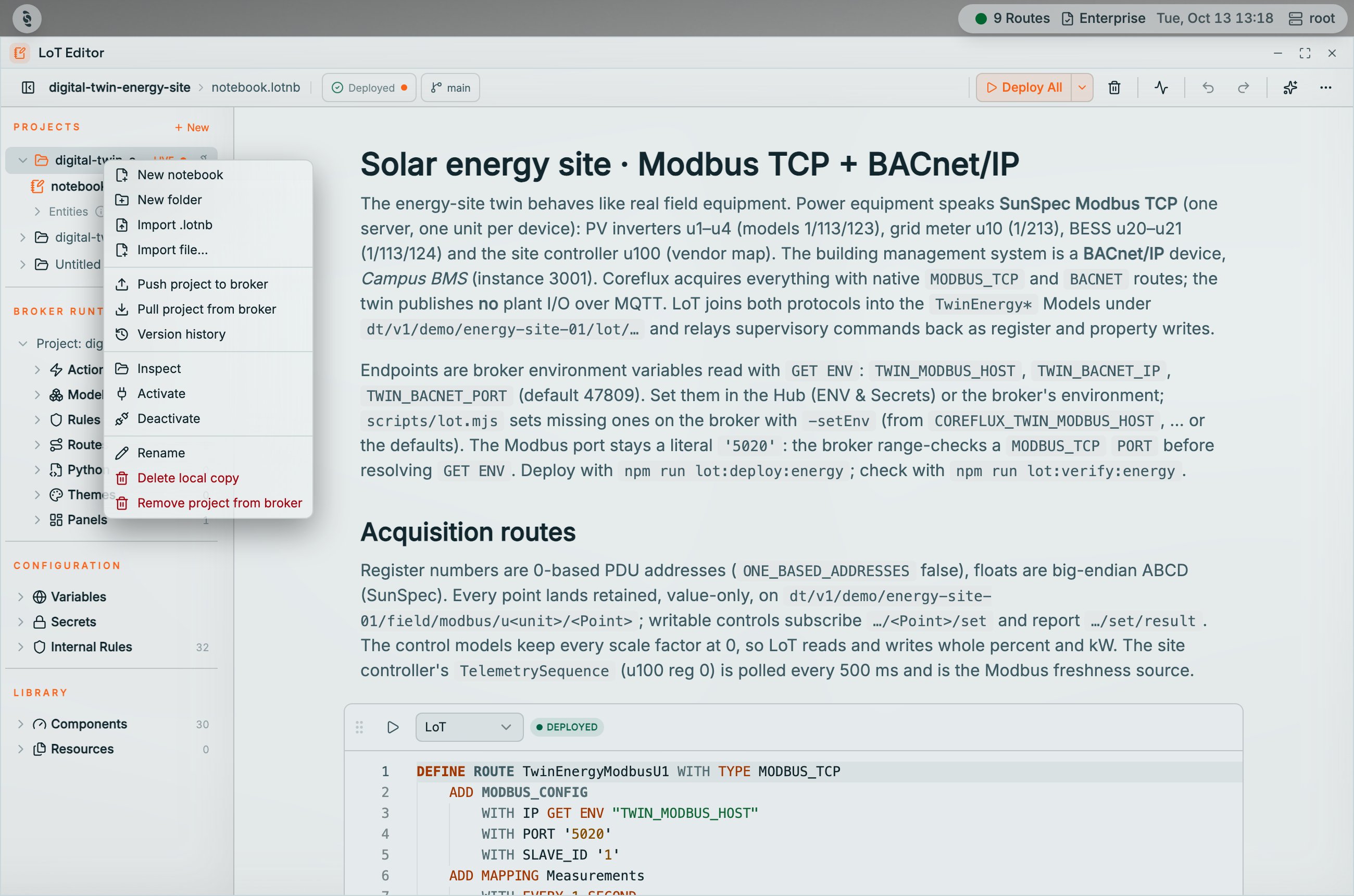 Context menu for the digital-twin-energy-site project in the Coreflux HUB LoT Editor with New notebook, New folder, Import .lotnb, Import file, Push project to broker, Pull project from broker, Version history, Inspect, Activate, Deactivate, Rename, Delete local copy, and Remove project from broker in red
