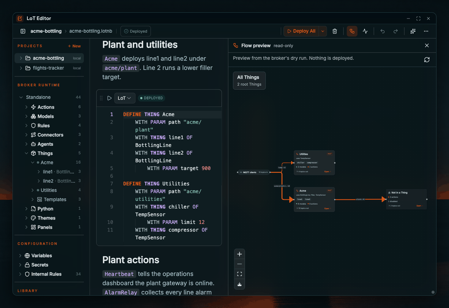 Coreflux HUB LoT Editor on the acme-bottling notebook. Under Broker runtime, the Things folder lists Acme with 16 entities and its line1 and line2 BottlingLine instances, Utilities with 4, and Templates with 3. The notebook shows the cell with DEFINE THING Acme and DEFINE THING Utilities, and the read-only Flow preview pane, built from the broker's dry run, shows All Things with 2 root Things: MQTT clients feeding the Acme and Utilities cards, and the Acme alarms going to Not in a Thing