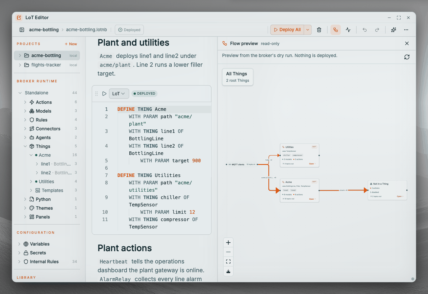 Coreflux HUB LoT Editor on the acme-bottling notebook. Under Broker runtime, the Things folder lists Acme with 16 entities and its line1 and line2 BottlingLine instances, Utilities with 4, and Templates with 3. The notebook shows the cell with DEFINE THING Acme and DEFINE THING Utilities, and the read-only Flow preview pane, built from the broker's dry run, shows All Things with 2 root Things: MQTT clients feeding the Acme and Utilities cards, and the Acme alarms going to Not in a Thing