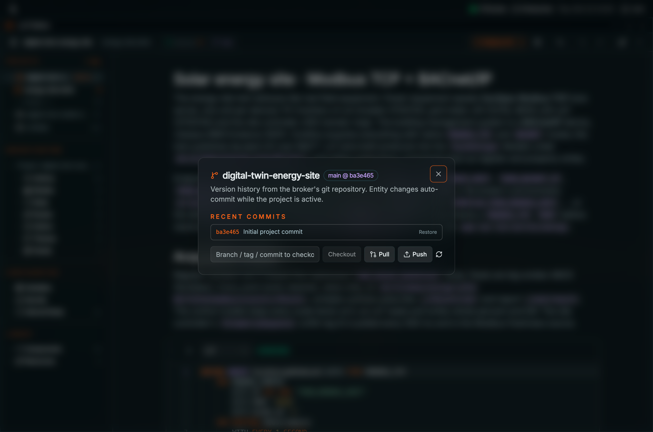Coreflux HUB version history dialog for digital-twin-energy-site on main at ba3e485, explaining that history comes from the broker's git repository with auto-commit while active, RECENT COMMITS listing ba3e485 Initial project commit with Restore, a Branch / tag / commit to checkout field, and Checkout, Pull, Push, and refresh buttons