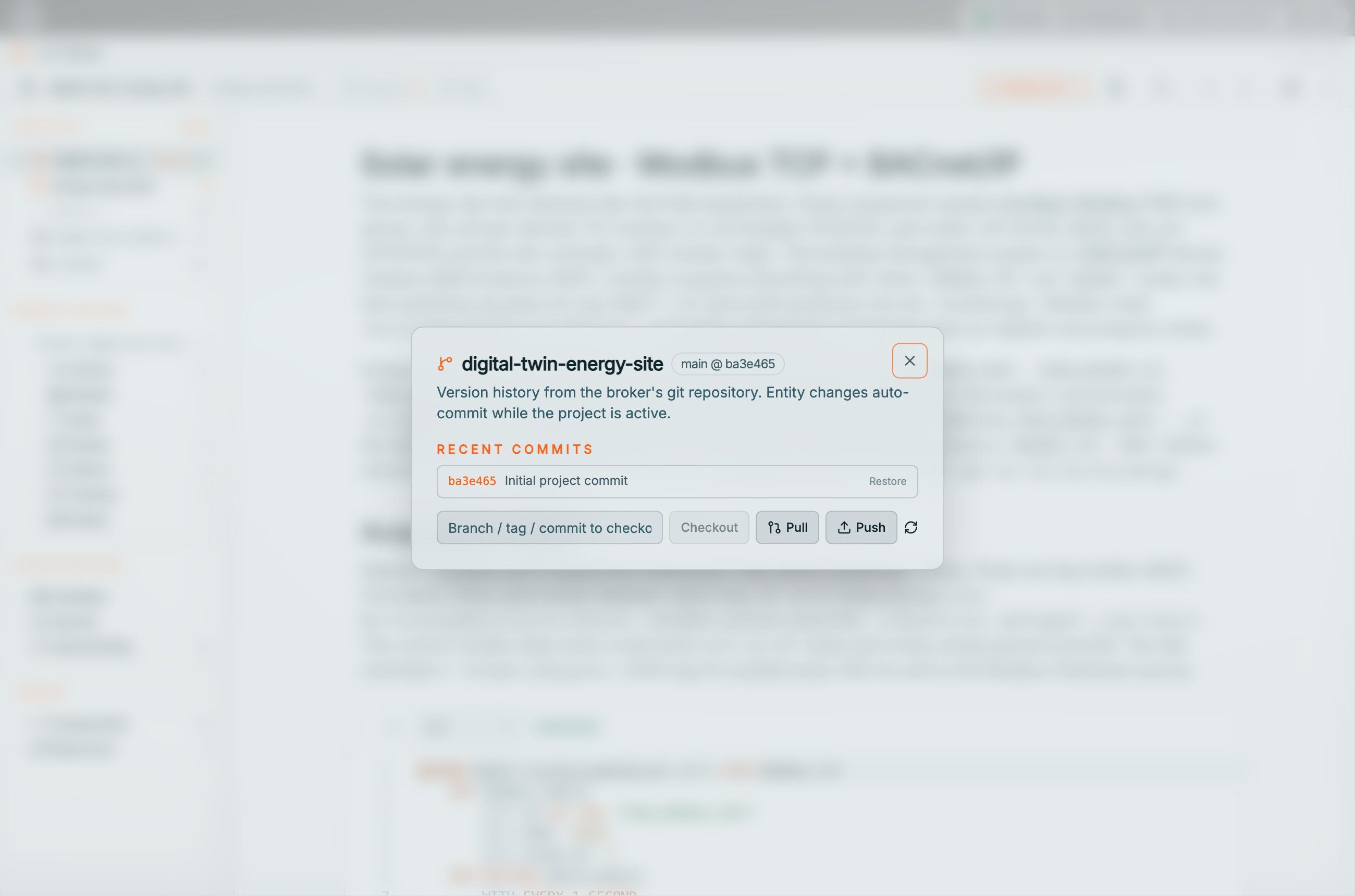 Coreflux HUB version history dialog for digital-twin-energy-site on main at ba3e485, explaining that history comes from the broker's git repository with auto-commit while active, RECENT COMMITS listing ba3e485 Initial project commit with Restore, a Branch / tag / commit to checkout field, and Checkout, Pull, Push, and refresh buttons